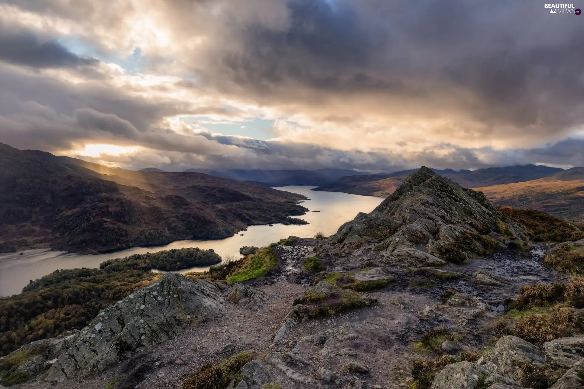 rocks, Great Sunsets, Loch Lomond and the Trossachs National Park, Loch Lomond Lake, Scotland