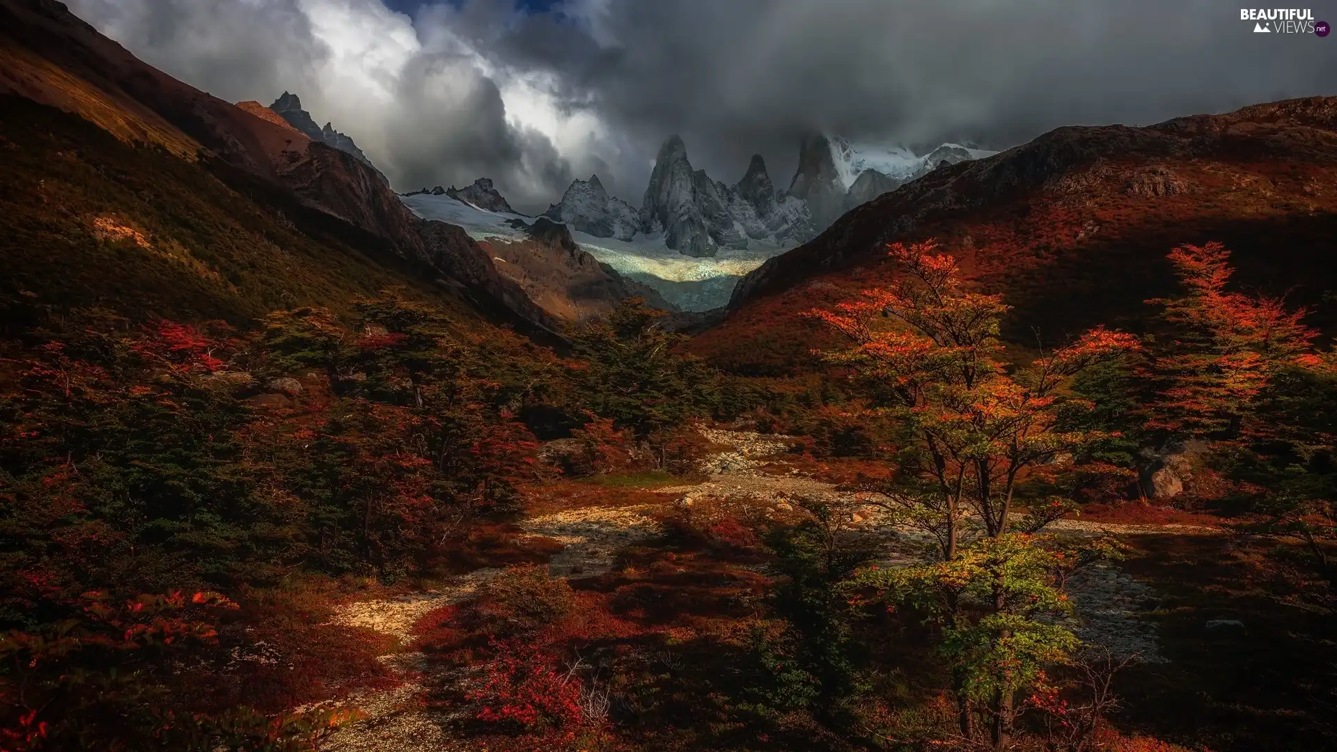clouds, Argentina, viewes, trees, Mountains, Los Glaciares National Park, Fitz Roy, Mountains, Patagonia, mount, autumn
