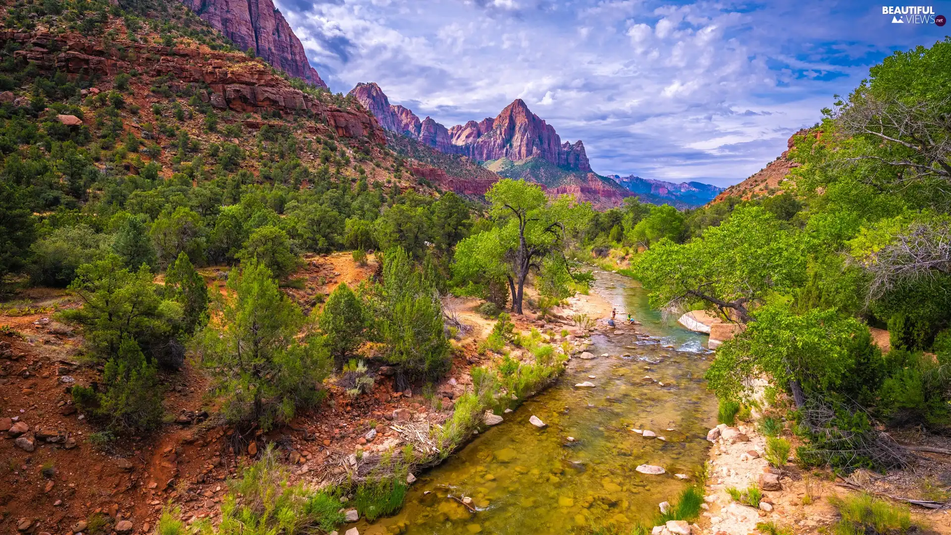 Utah State, The United States, Zion National Park, Watchman Mountains, viewes, clouds, Stones, trees, Virgin River