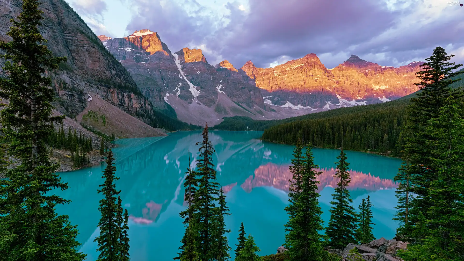 Lake Moraine, Banff National Park, reflection, Mountains, viewes, Province of Alberta, Canada, trees