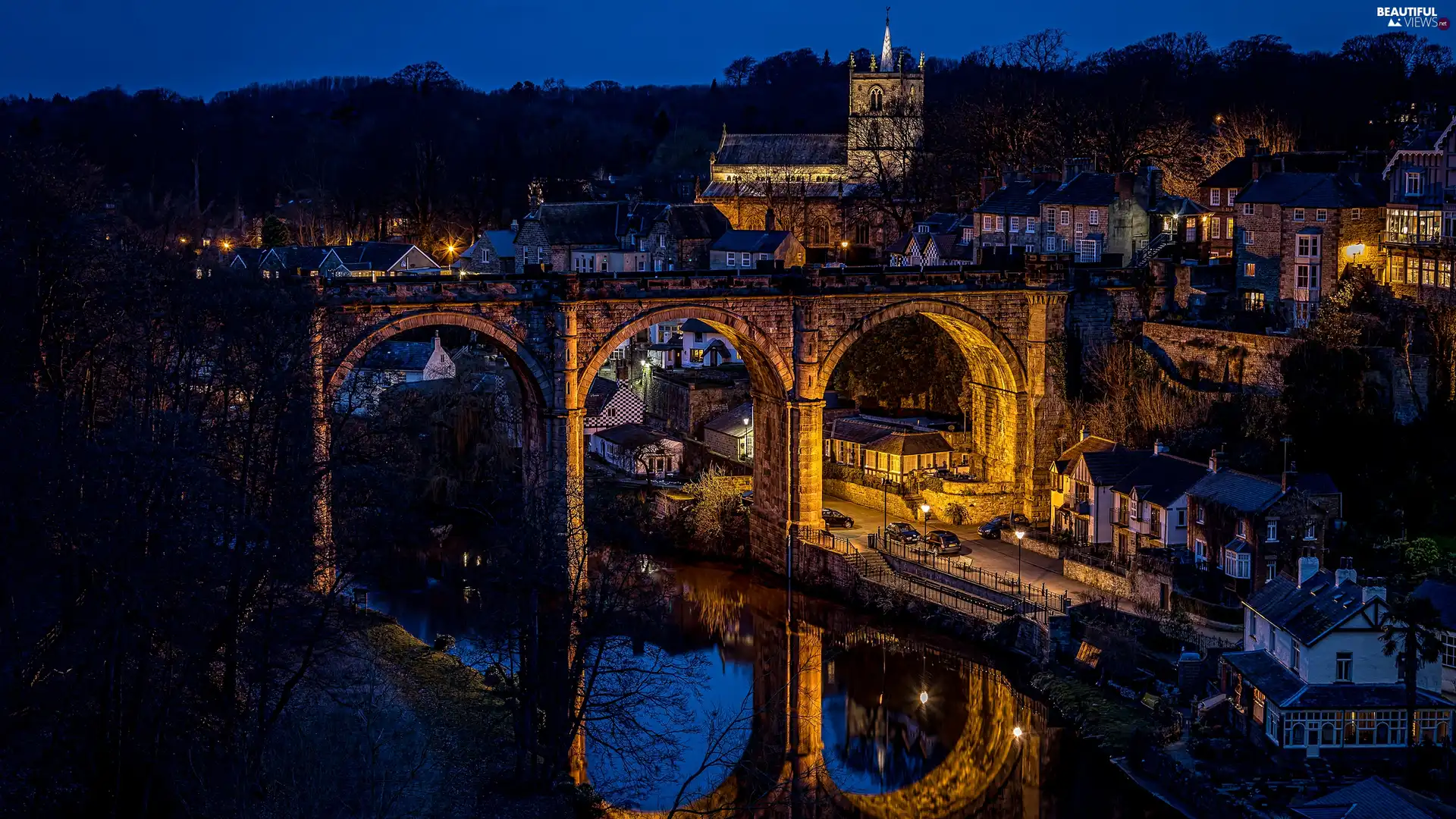 bridge, Night, Knaresborough, Nidd River, England