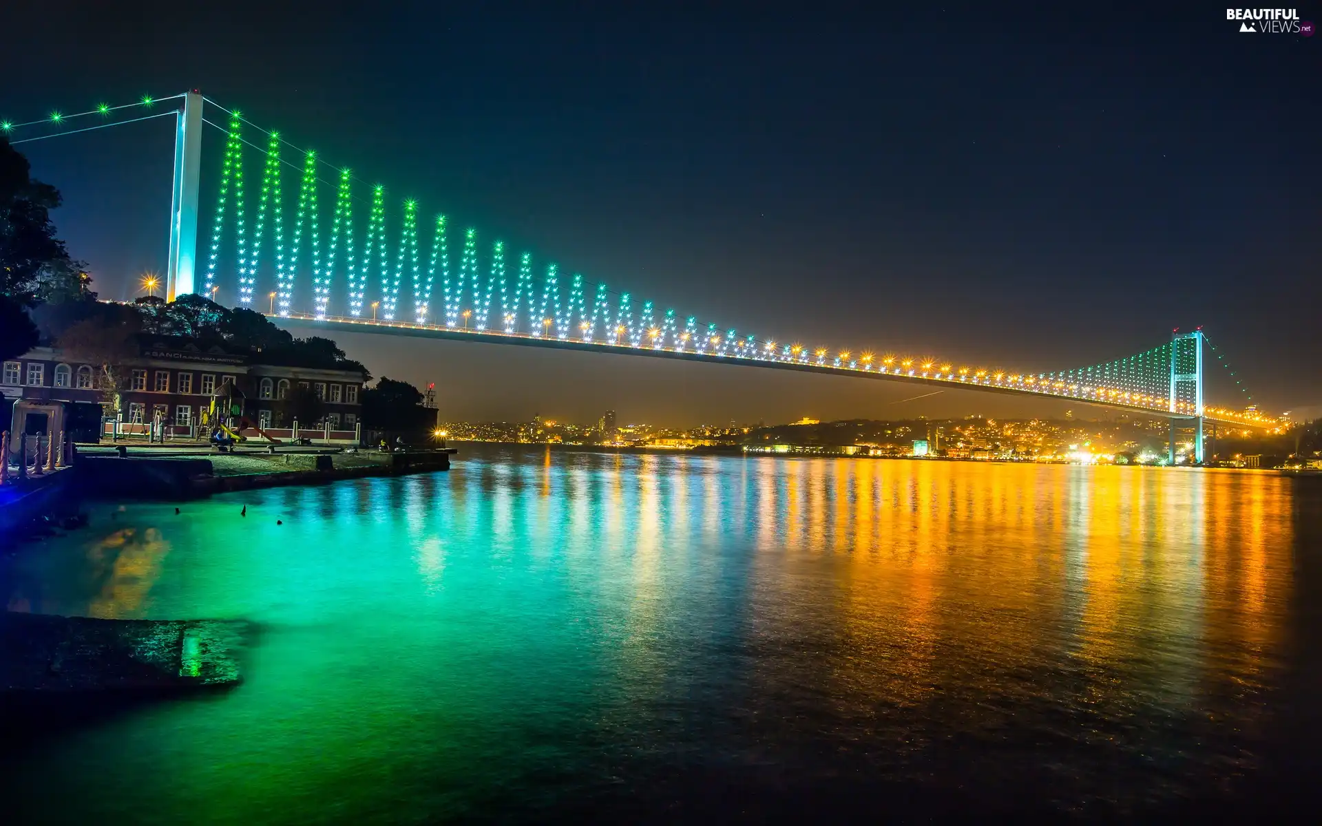 bridge, Night, Turkey, panorama, Istanbul, Floodlit, River, town