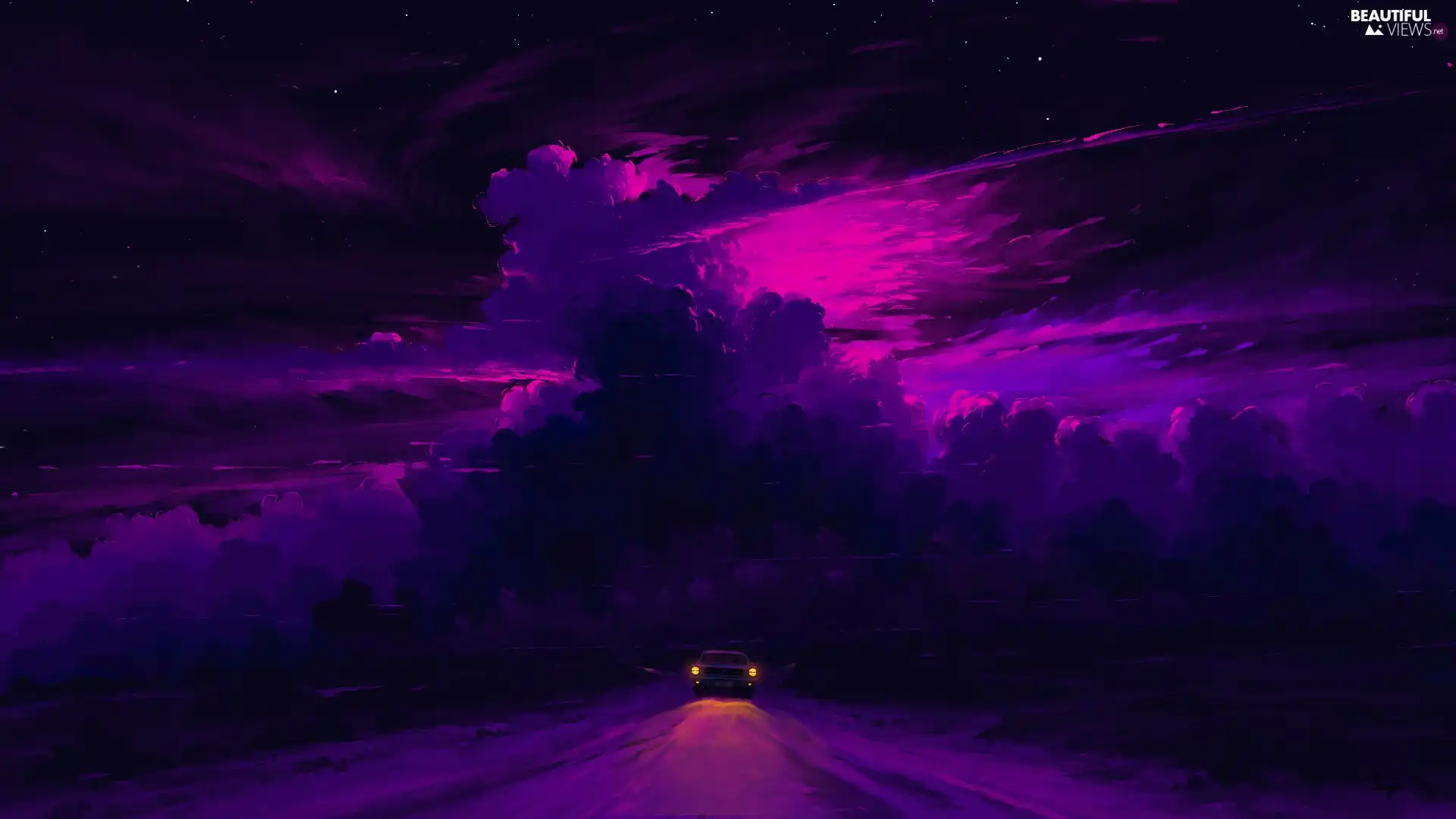 Automobile, Night, clouds, Way, graphics