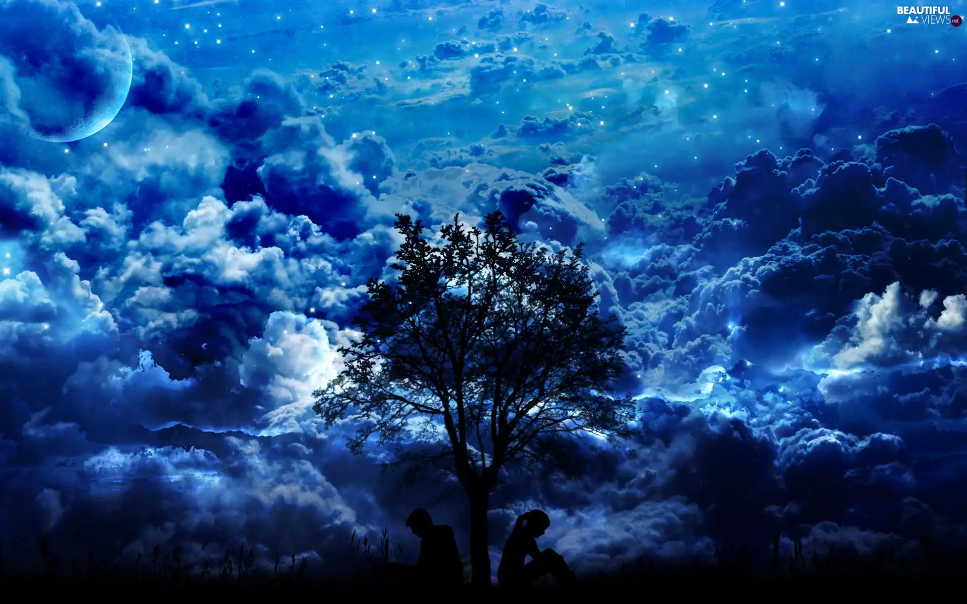 clouds, People, Night, trees