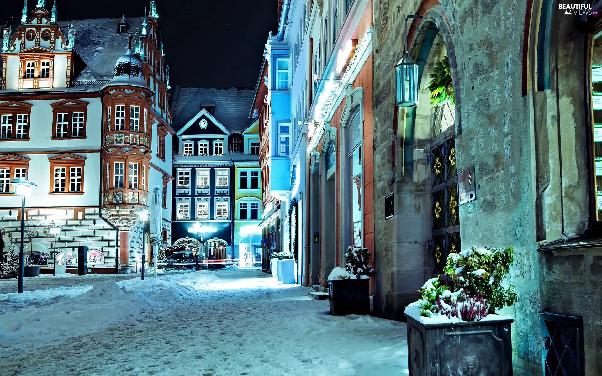Night, Germany, Houses, Street, winter