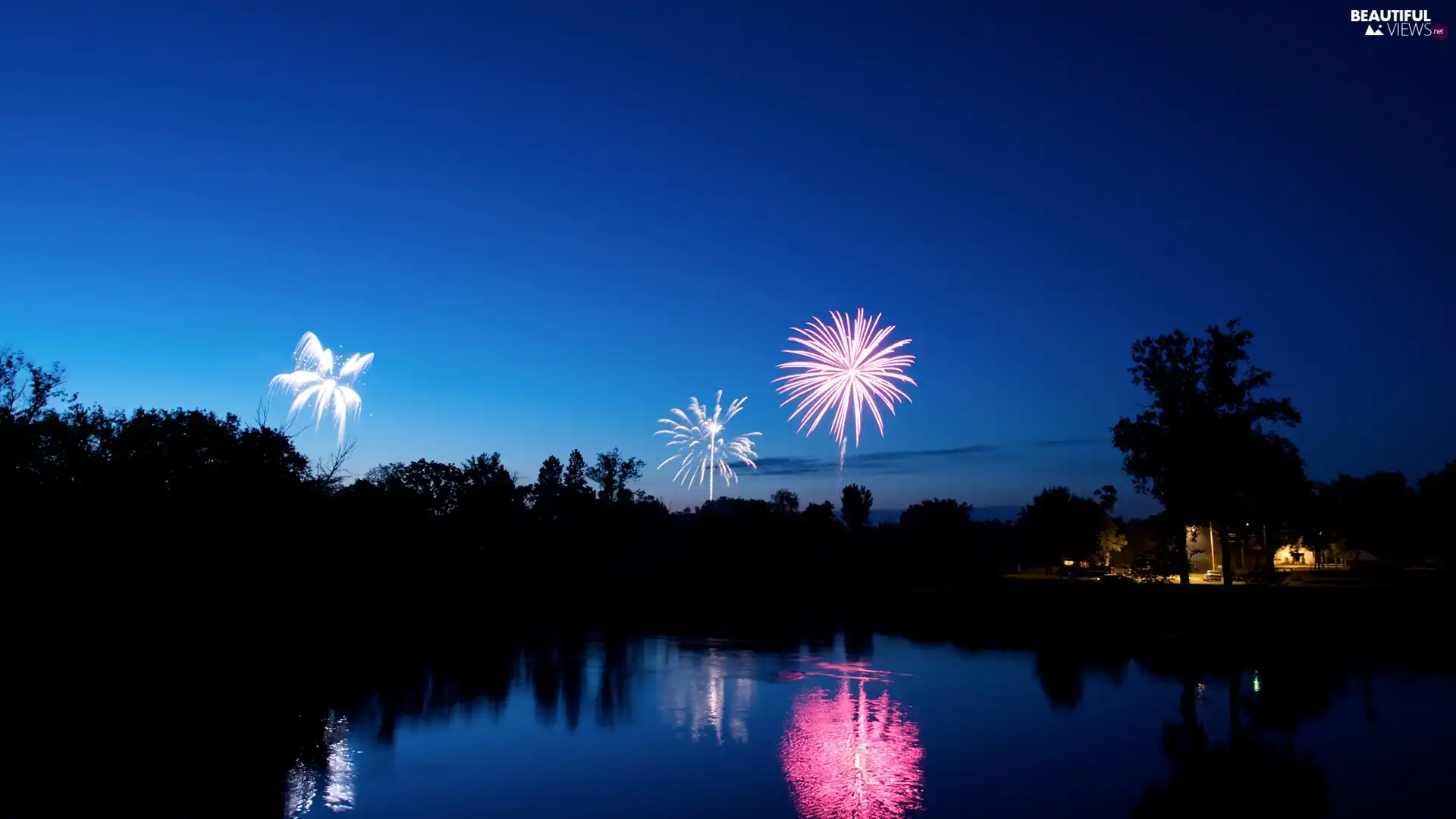 Night, fireworks, lake
