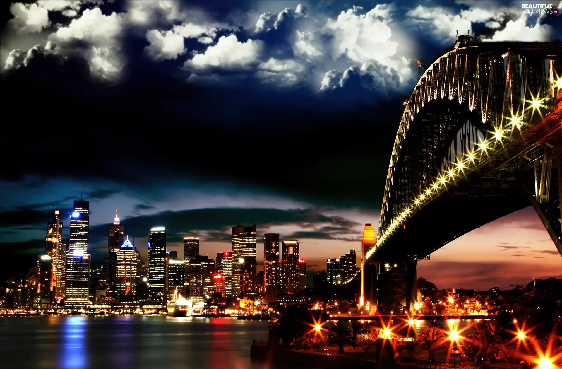 high, River, Night, light, buildings, bridge