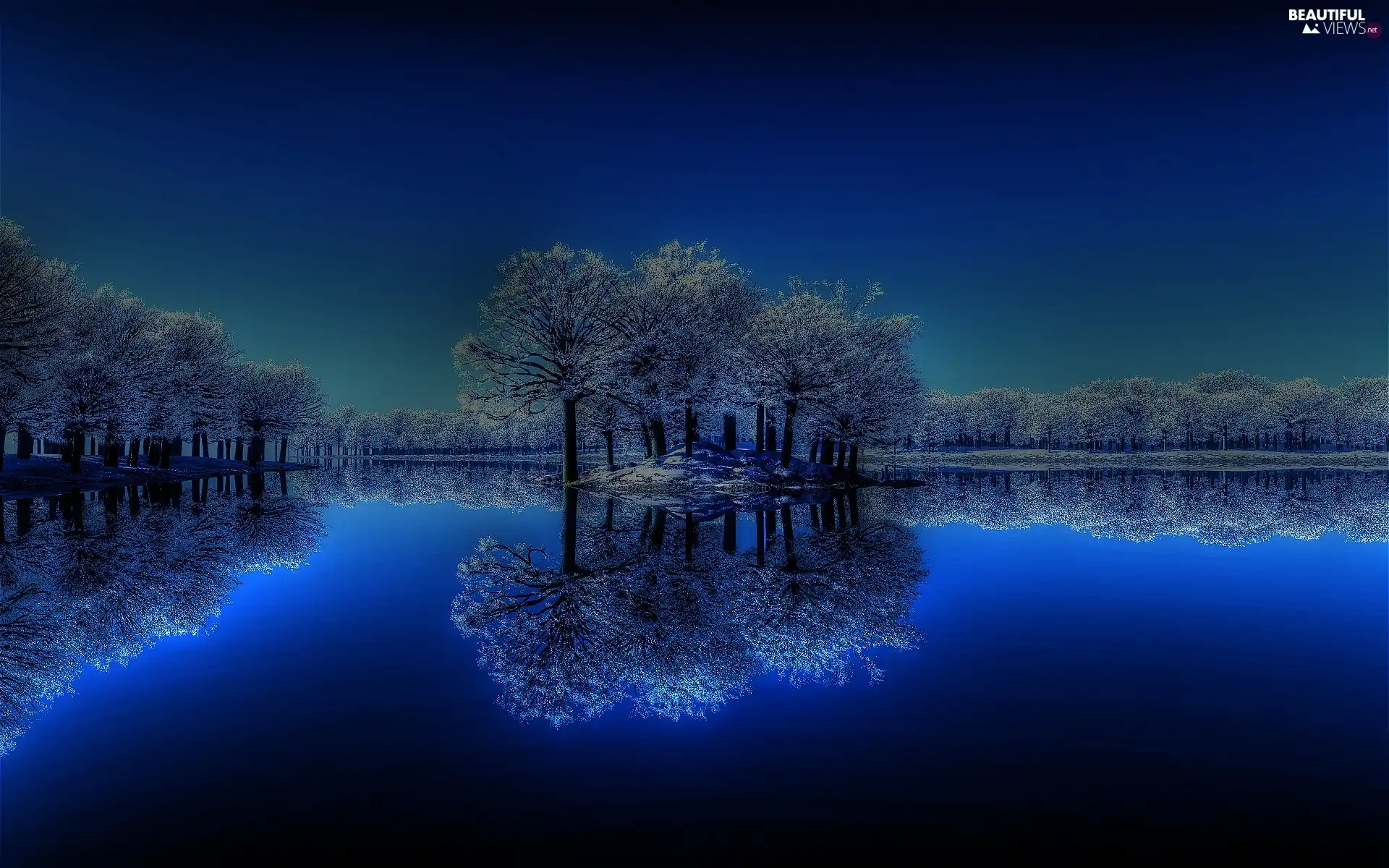 reflection, lake, Night, trees