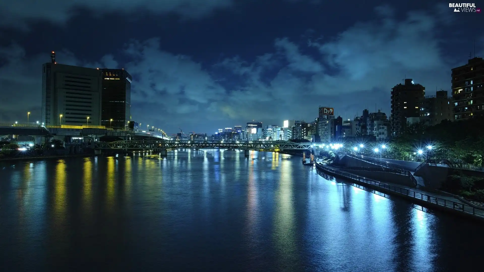 bridge, Sky, Night, reflection, Town, River