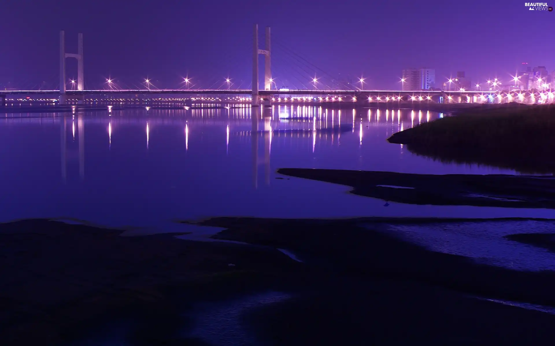 River, bridge, Night, Floodlit