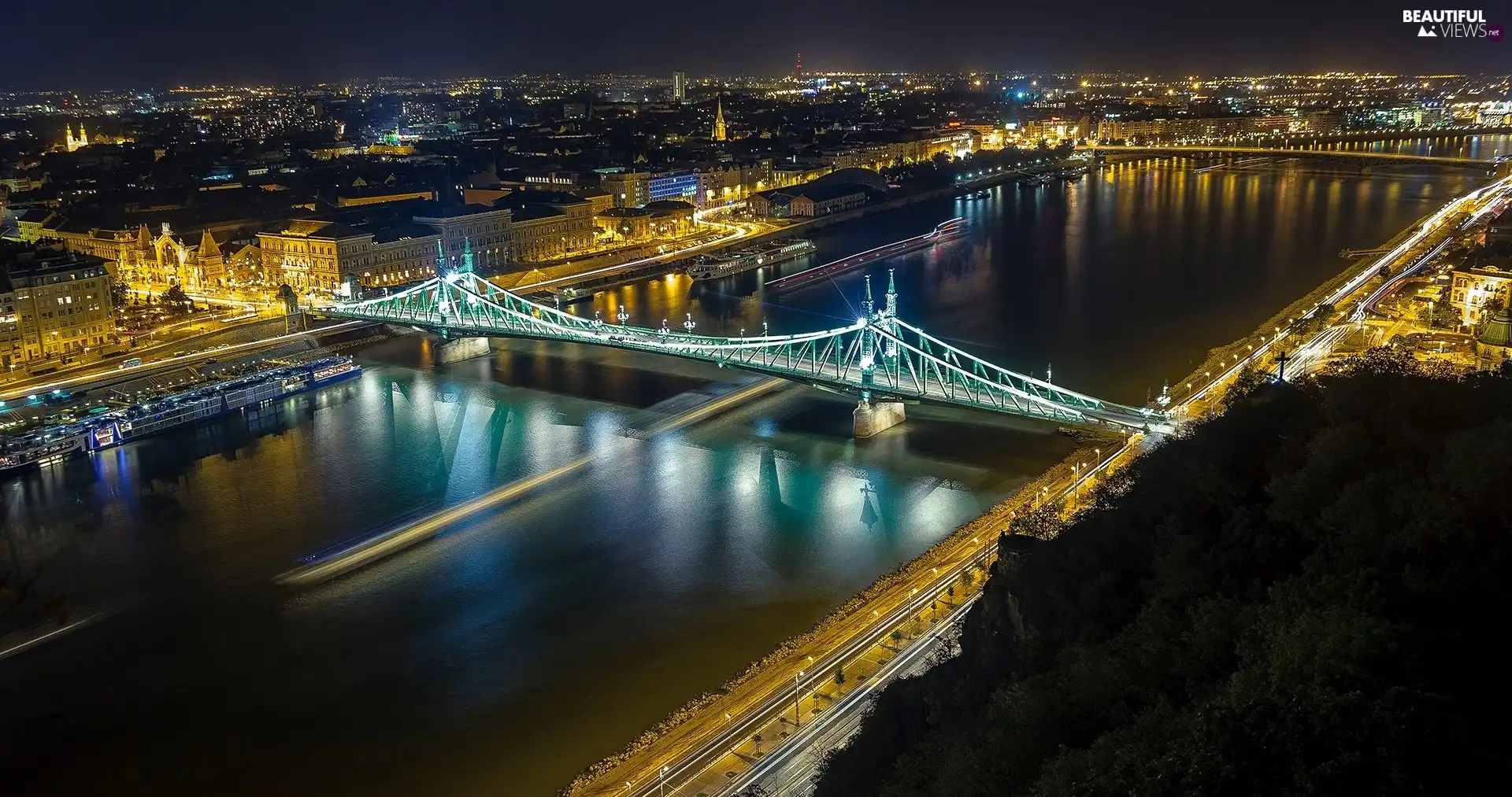 River, Town, Night, bridge