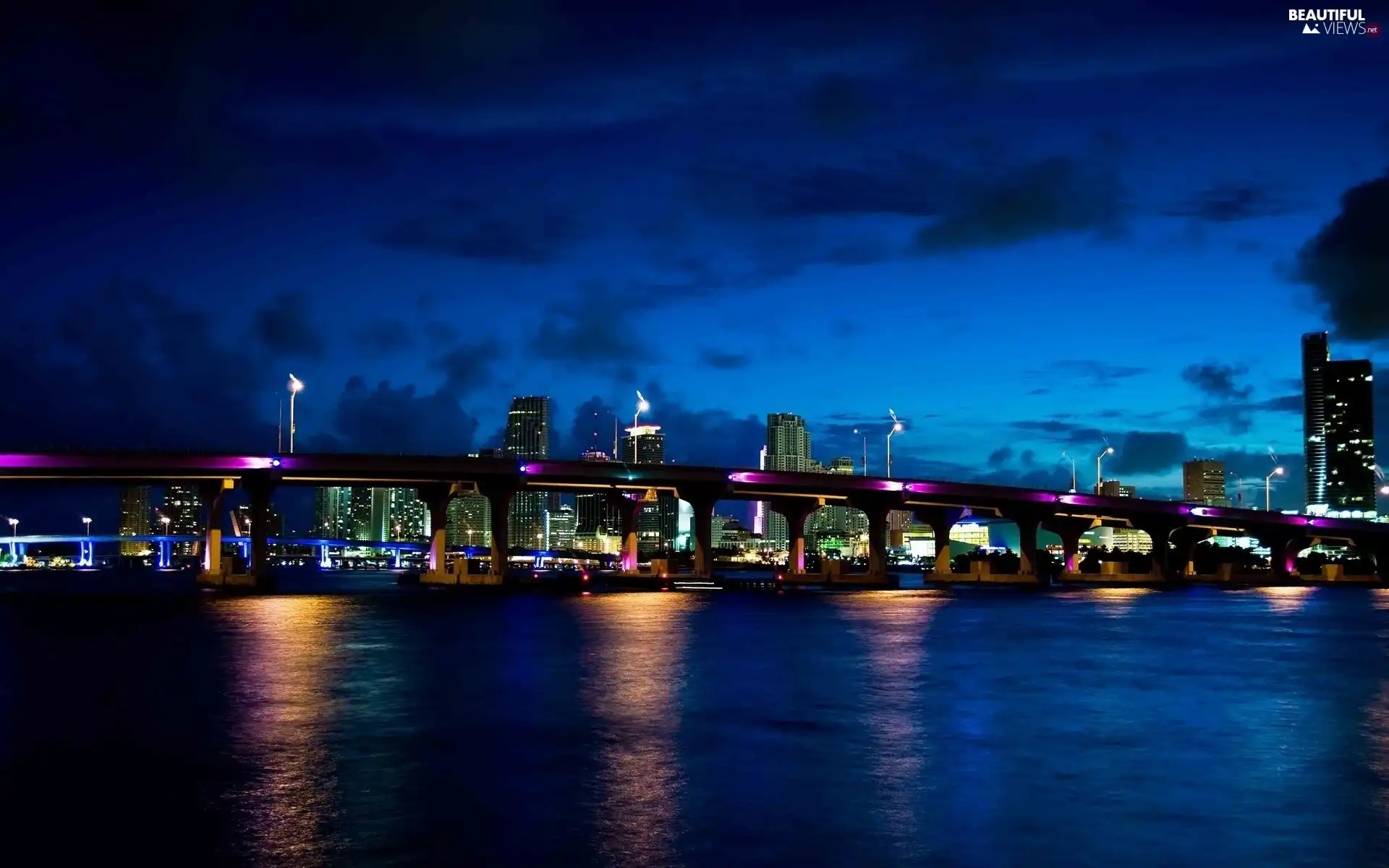River, Town, night, bridge