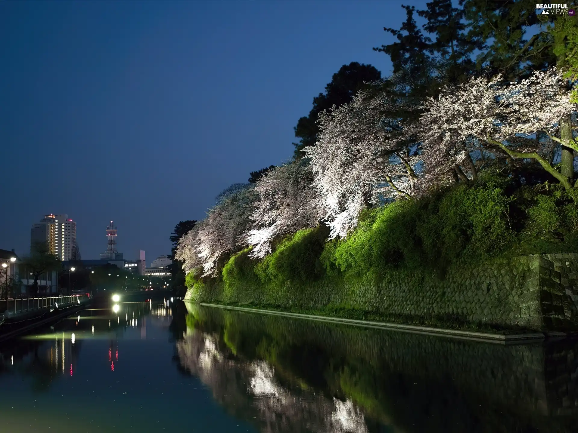 River, Town, Night, canal