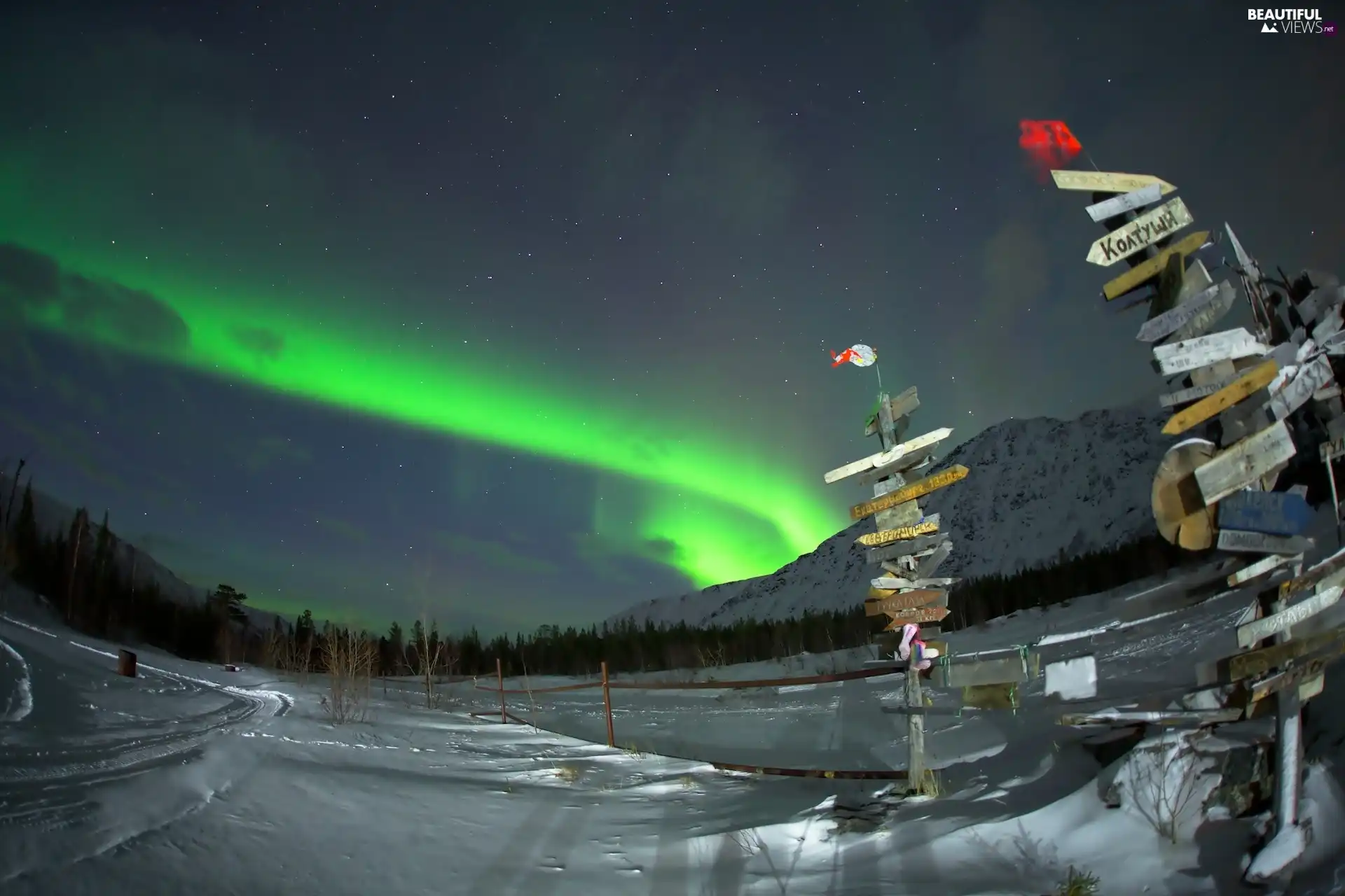 snow, dawn, Night, signposts, Mountains, Polaris