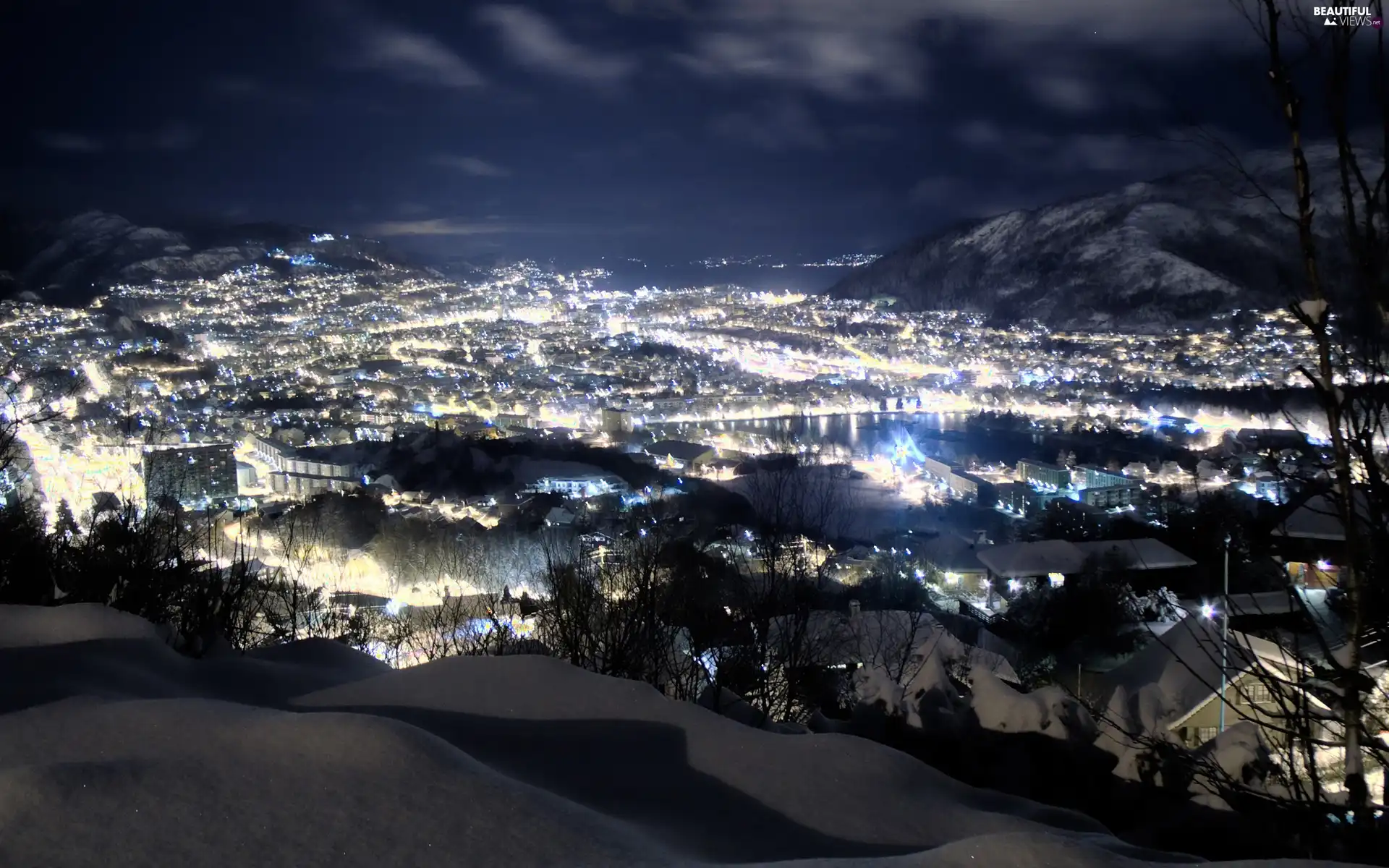 night, winter, light, town, Mountains