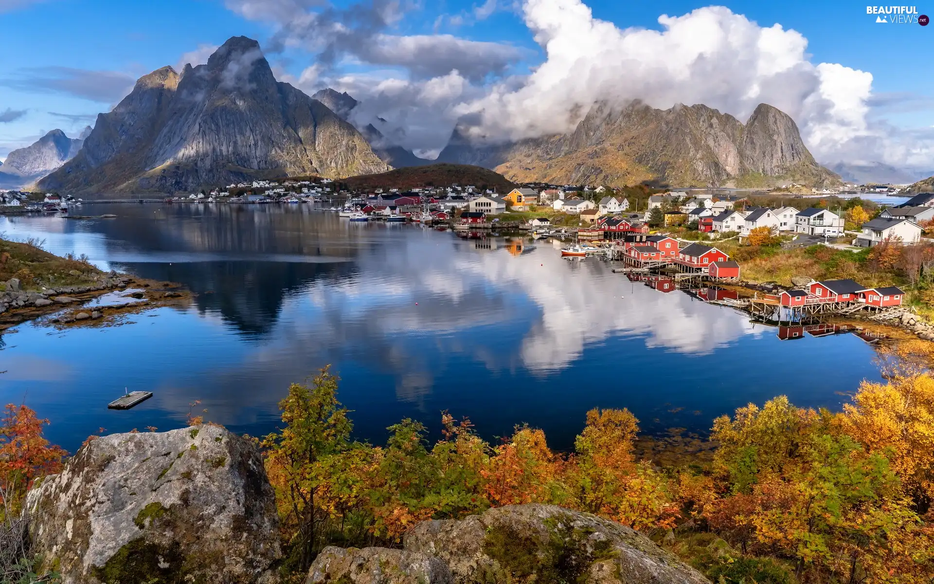 Mountains, Lofoten, Reine Village, autumn, Norwegian Sea Rocks, Norway, Moskenesoya Island, clouds, Bush, Houses