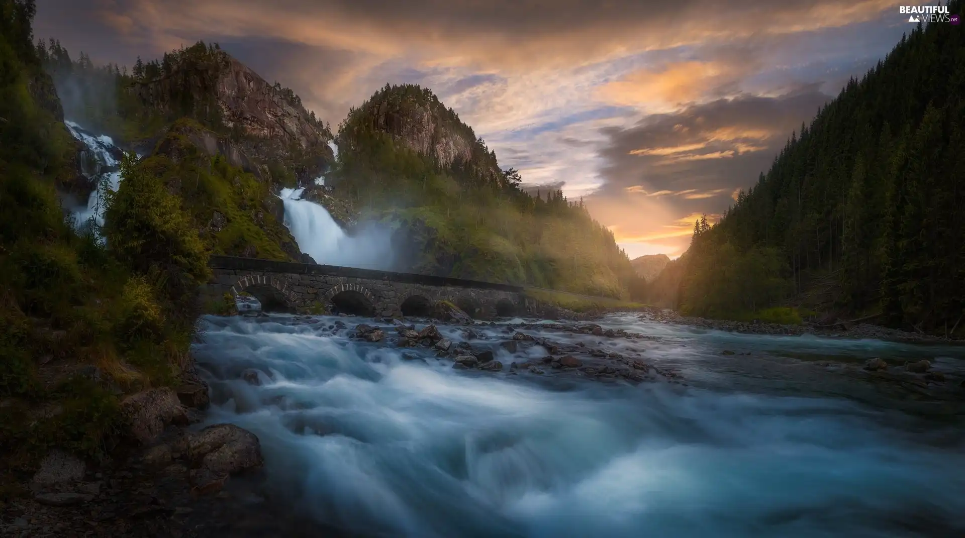 forest, Mountains, trees, bridge, stone, viewes, Stones, Norway, Great Sunsets, River, Latefossen Waterfall, Odda Commune