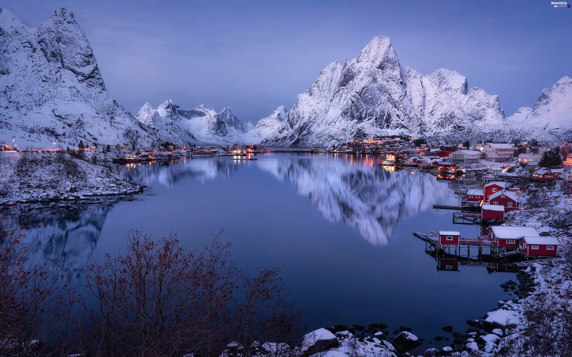 snow, winter, Norwegian Sea, Mountains, Lofoten, Norway, Reine, Moskenesoya Island, Houses