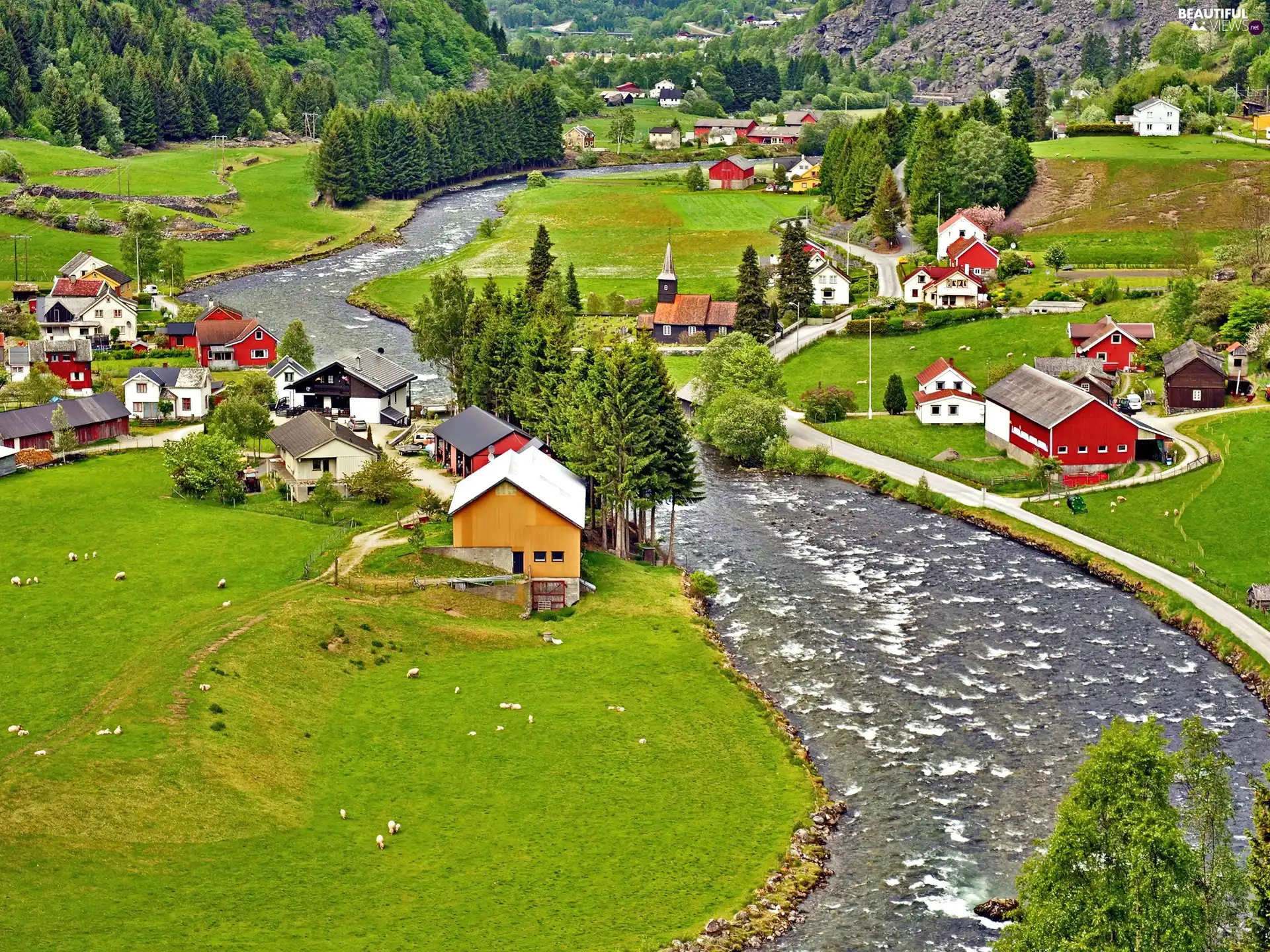 River, Houses, Norway, medows