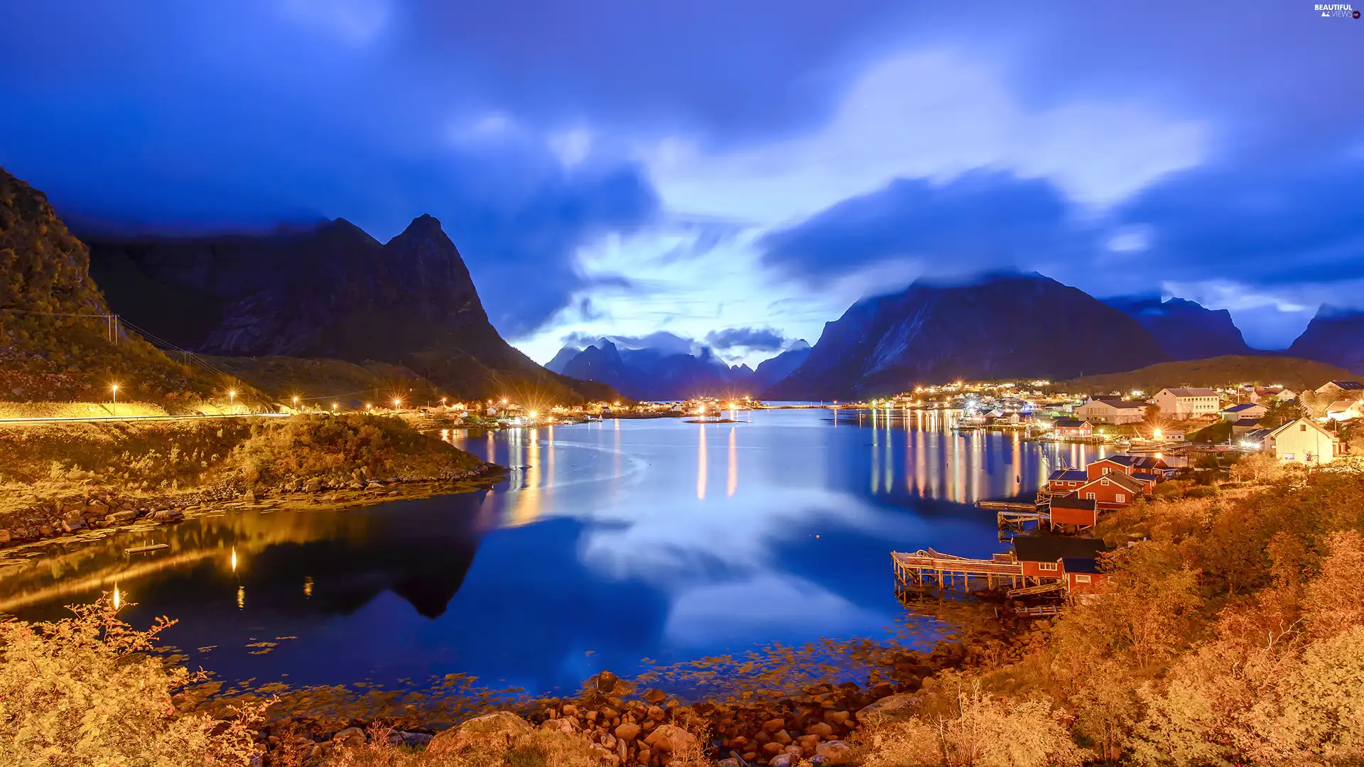 illuminated, Lofoten, trees, Reine Village, viewes, Norwegian Sea, Mountains, Norway, Houses, autumn