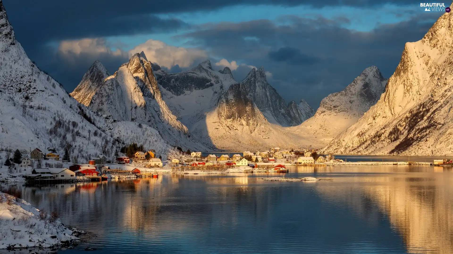 sea, Snowy, clouds, Mountains, Houses, Lofoten, Norway, Village Hamnøy