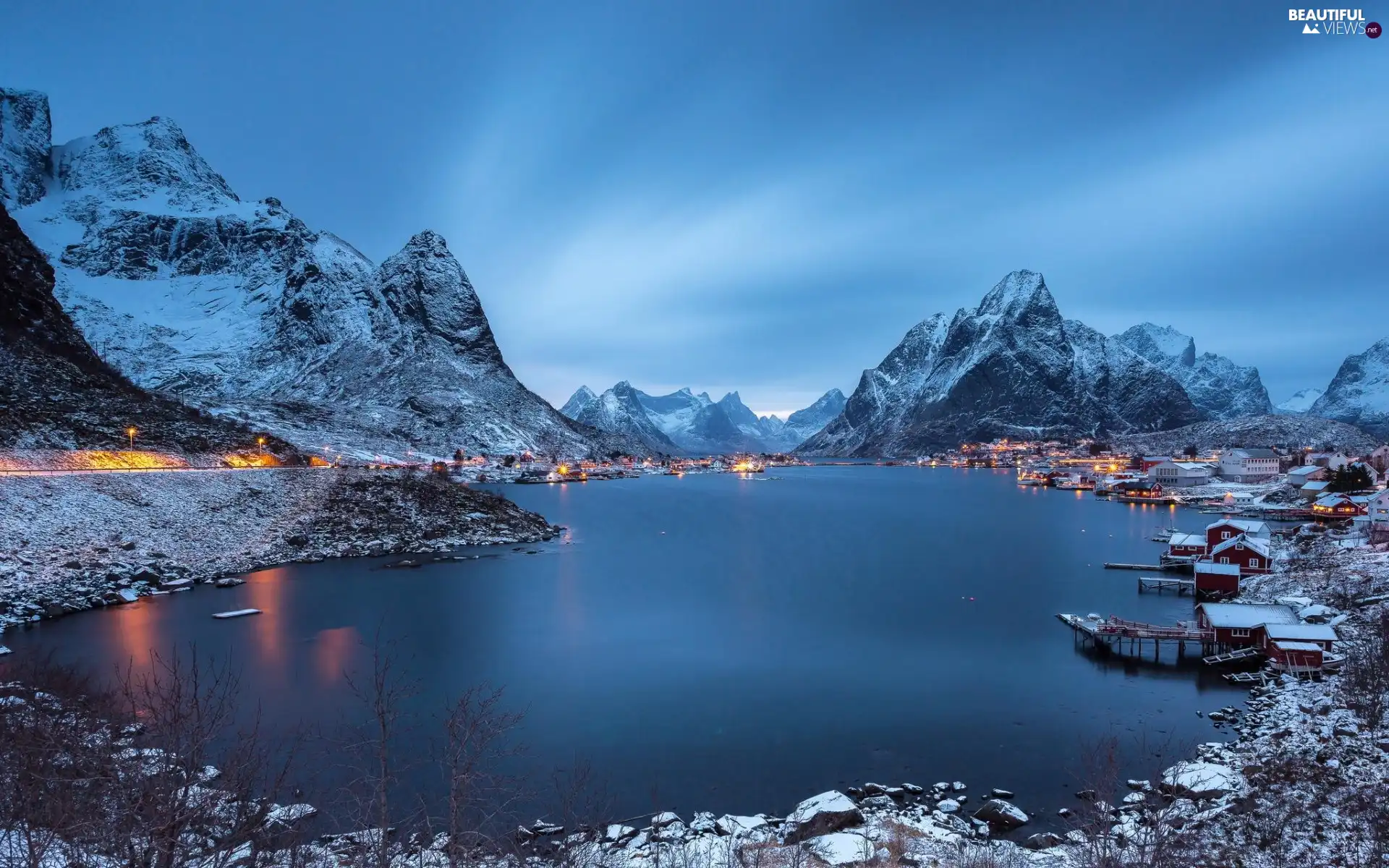 Houses, lake, Norway, winter, colony, Mountains