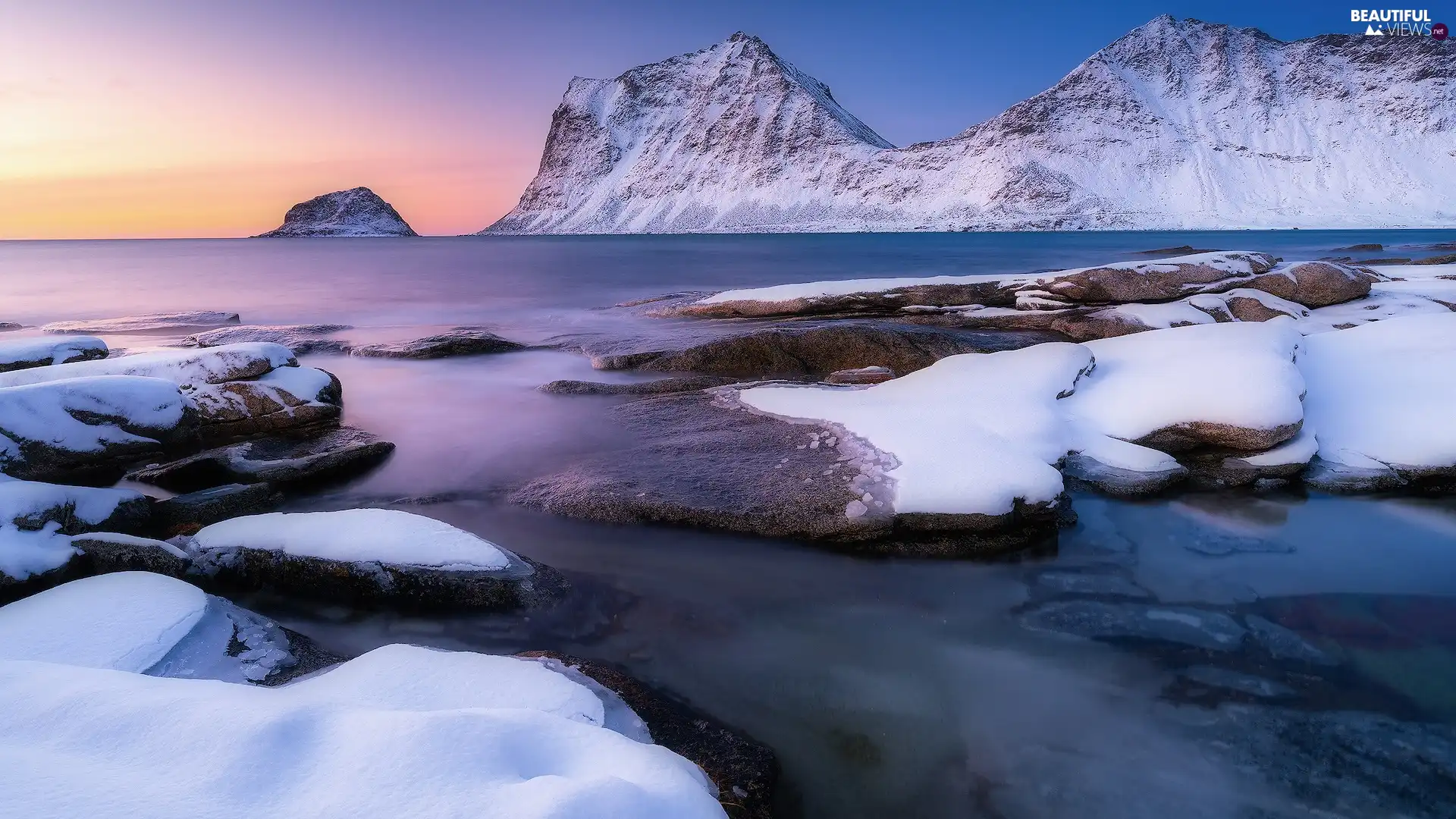 Mountains, sea, rocks, Norway, Snowy, winter