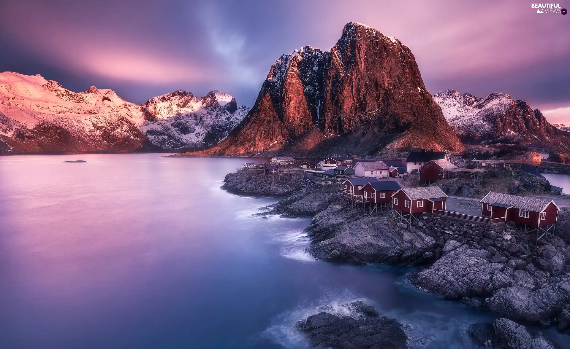 Norwegian Sea, Lofoten, Houses, Reine Village, Red, Mountains, Norway, rocks