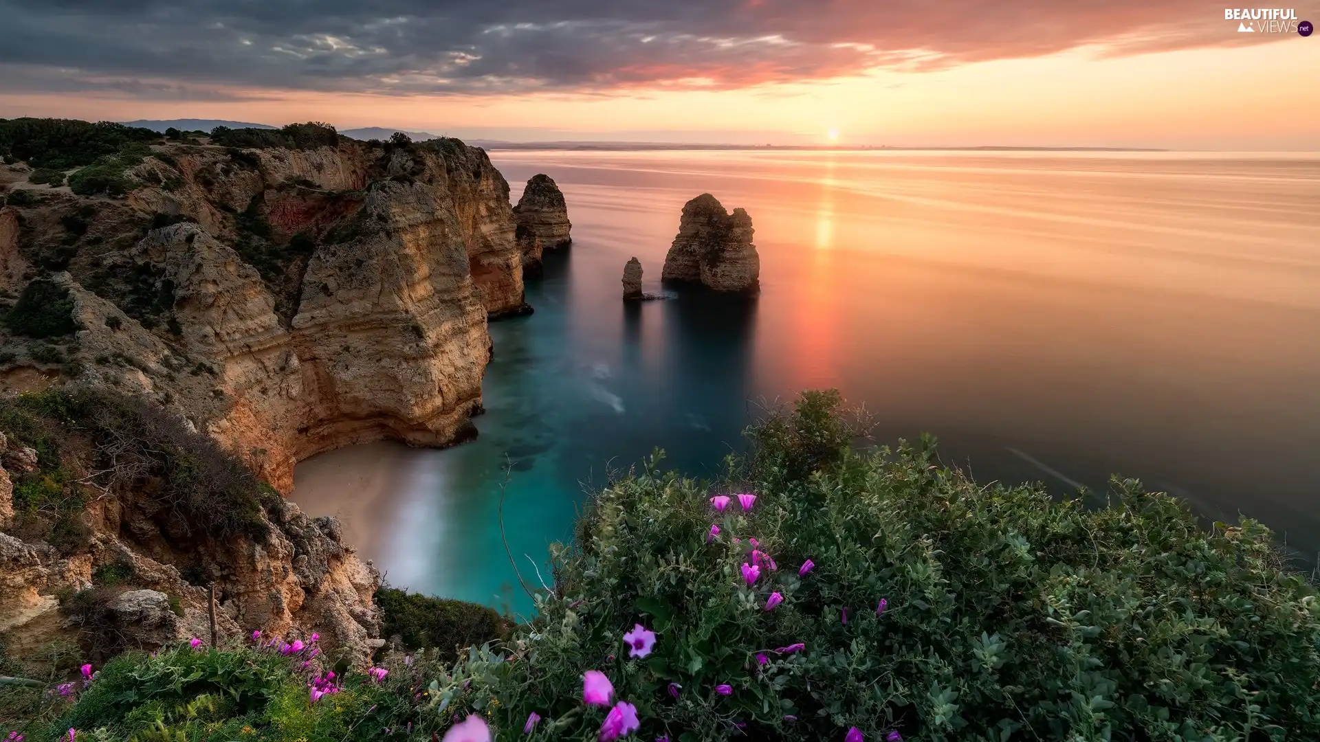 rocks, Coast, VEGETATION, clouds, Algarve Region, Portugal, sea, Atlantic Ocean, Great Sunsets
