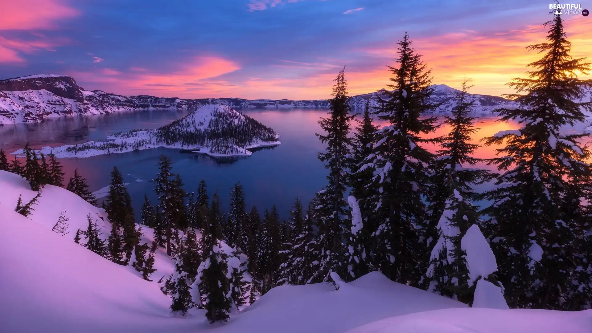 viewes, Mountains, Island of Wizard, State of Oregon, winter, Crater Lake National Park, Crater Lake, The United States, Great Sunsets, trees