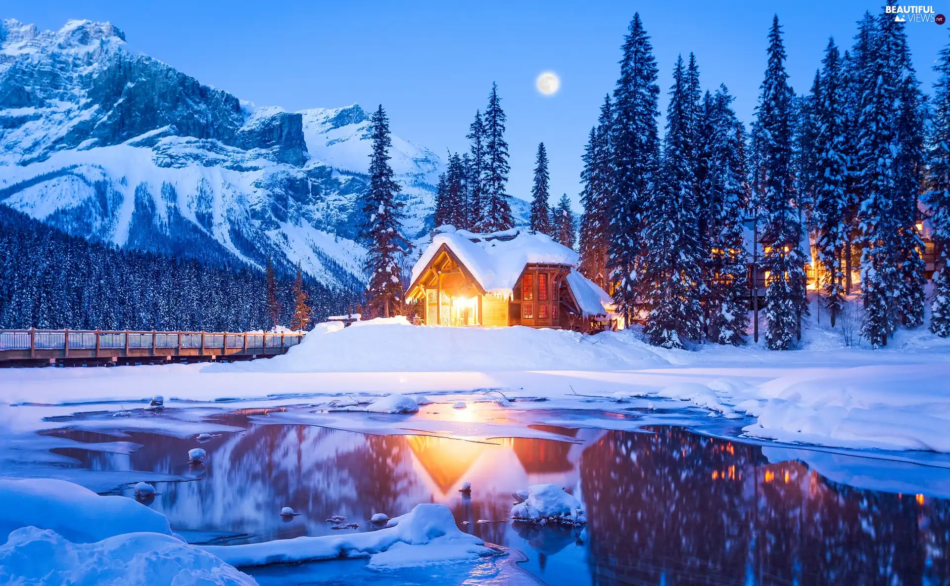 Mountains, Yoho National Park, Floodlit, Province of British Columbia, house, winter, Emerald Lake, Canada, forest, bridge