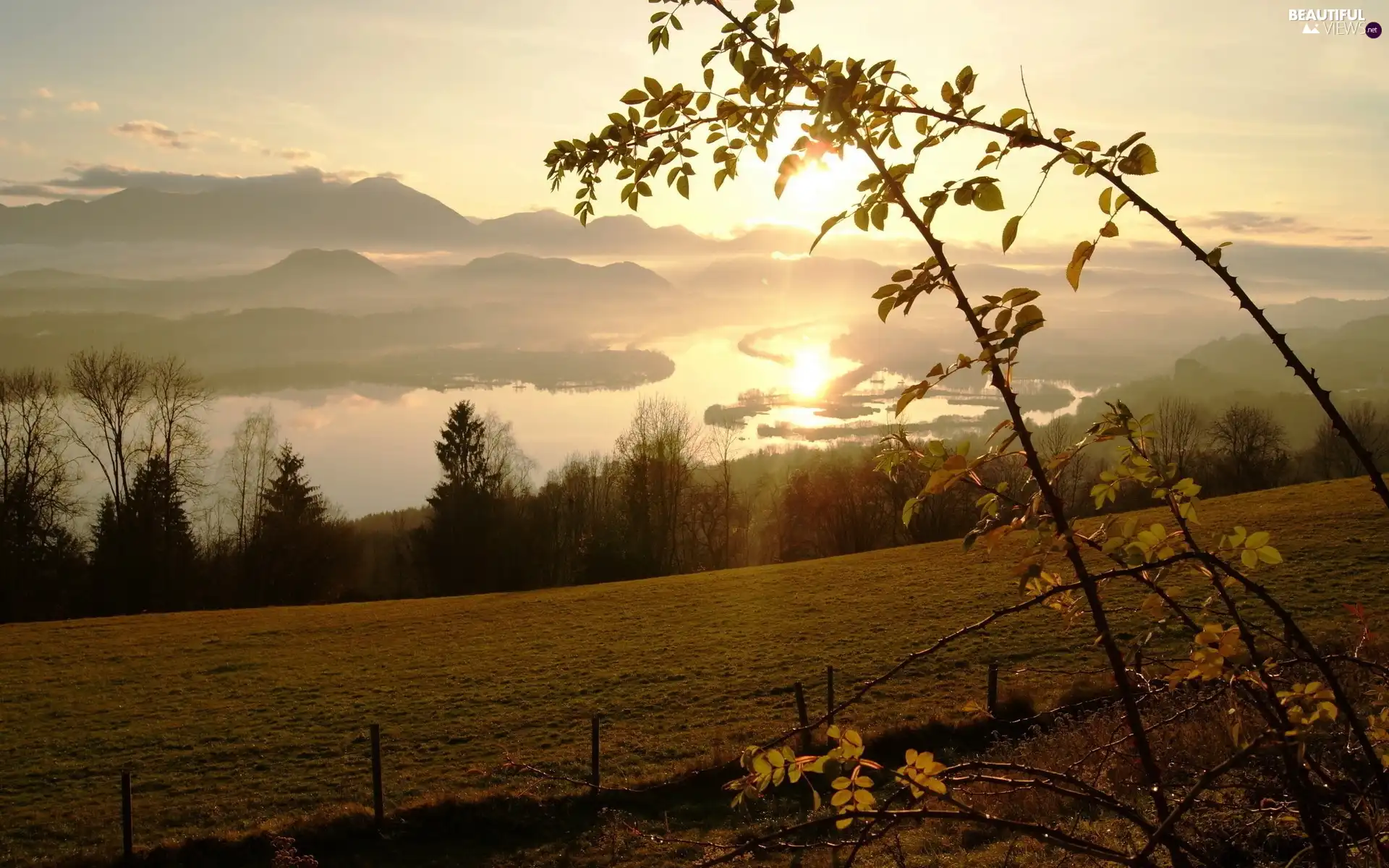 River, Mountains, rays of the Sun, field