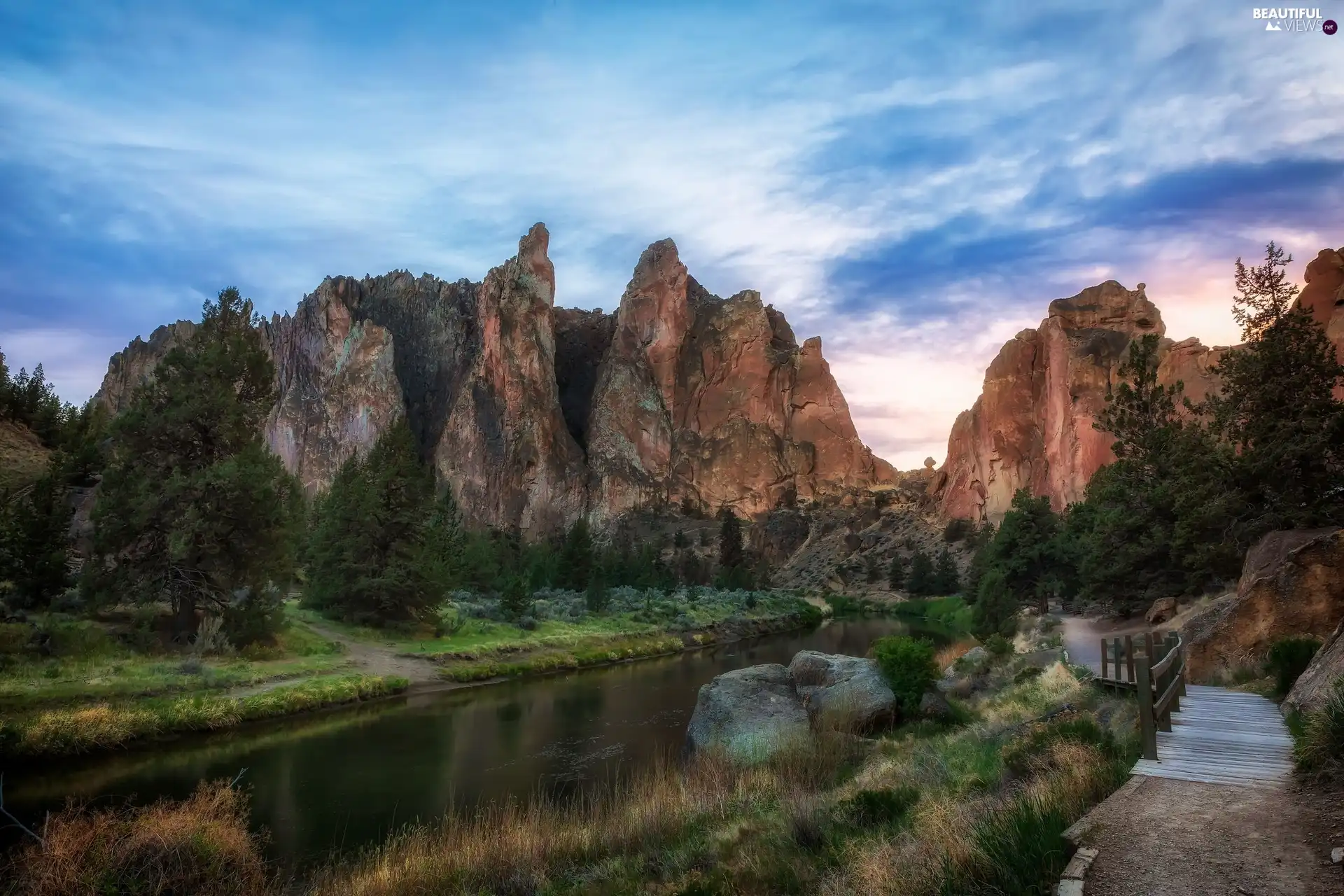 The United States, Crooked River, rocks, State of Oregon, Smith Rock State Park, Path, bridges