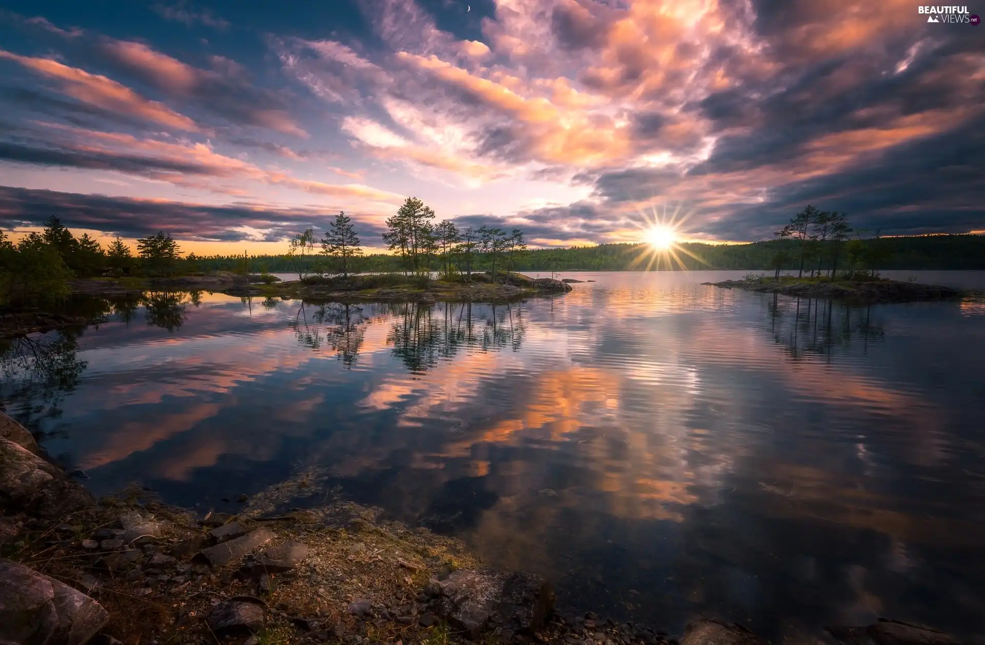 Ringerike Municipality, Norway, Great Sunsets, lake, viewes, rays of the Sun, reflection, trees, clouds