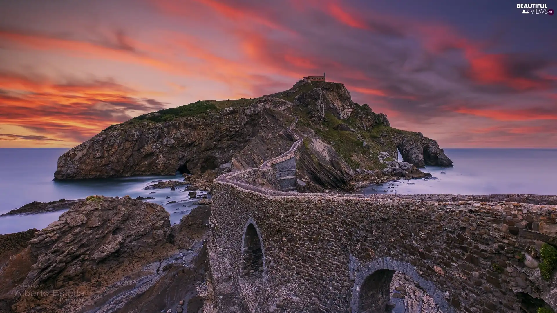 Gaztelugatxe Island, Basque Country, mountains, Province of Vizcaya, Spain, sea, wall
