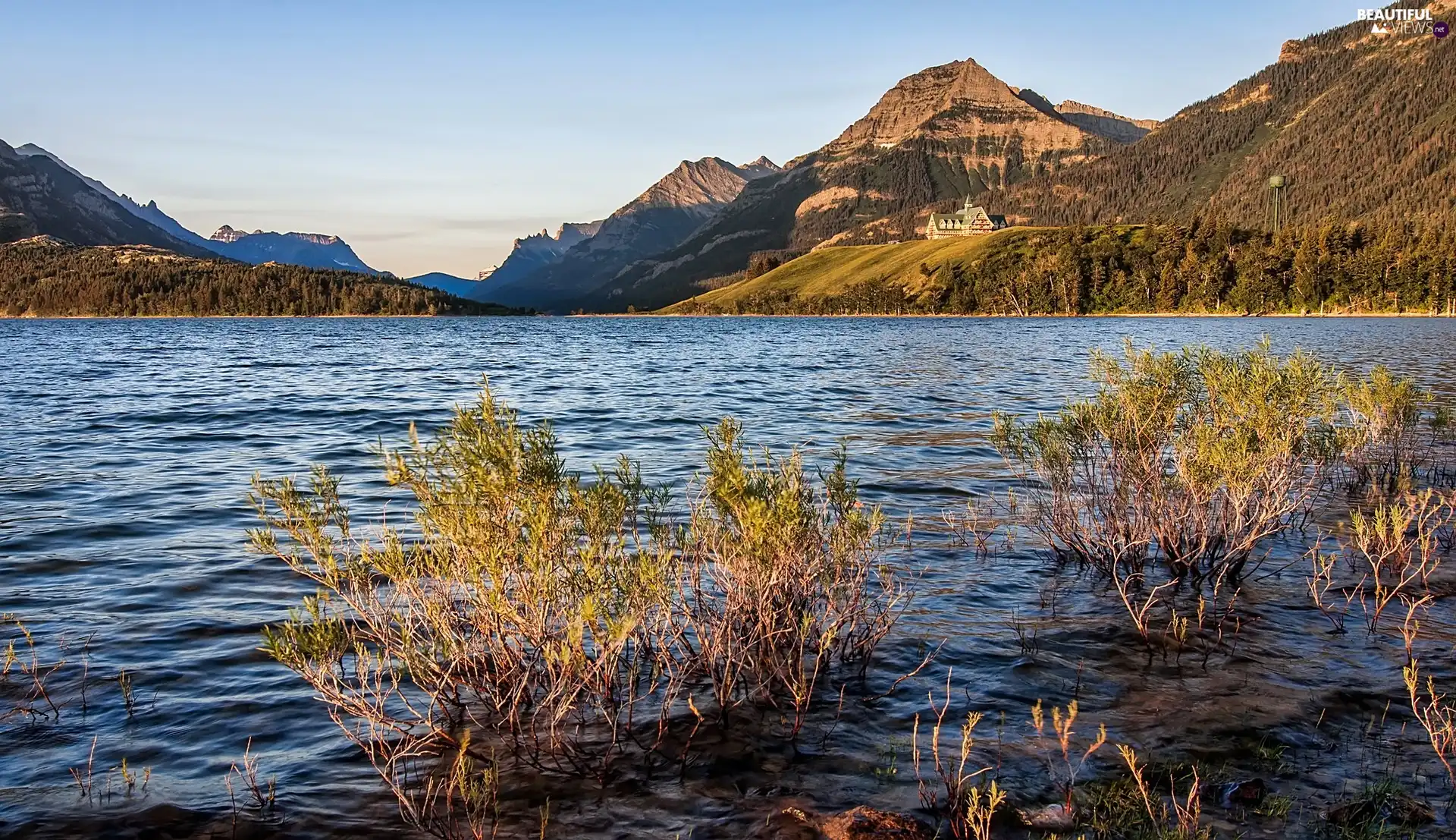 Mountains, lake, Waterton Lakes National Park, Hotel of Prince of Wales, Canada