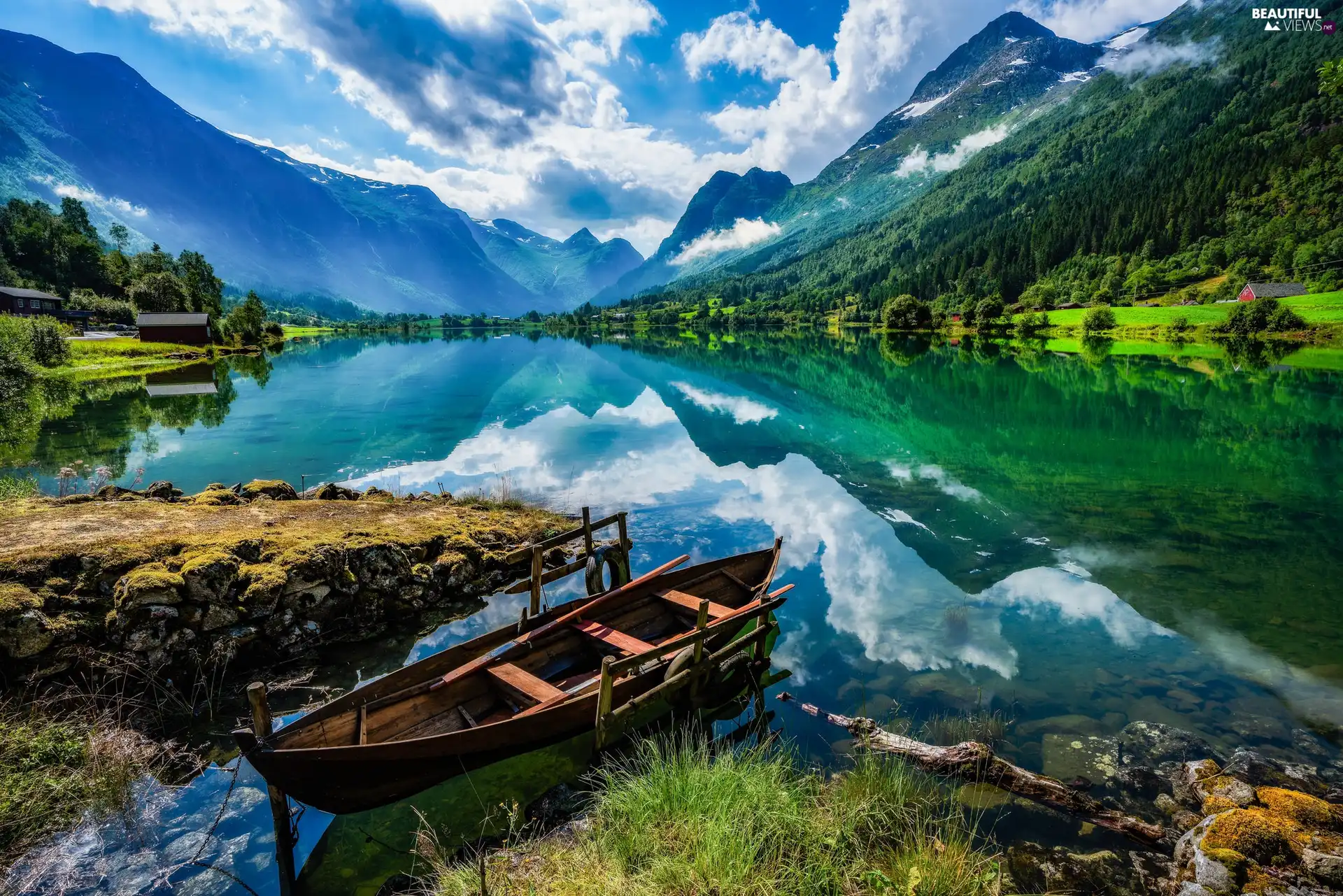 reflection, Mountains, viewes, District of Sogn og Fjordane, clouds, Lake Oldevatnet, trees, Norway, Stryn Municipality, Boat