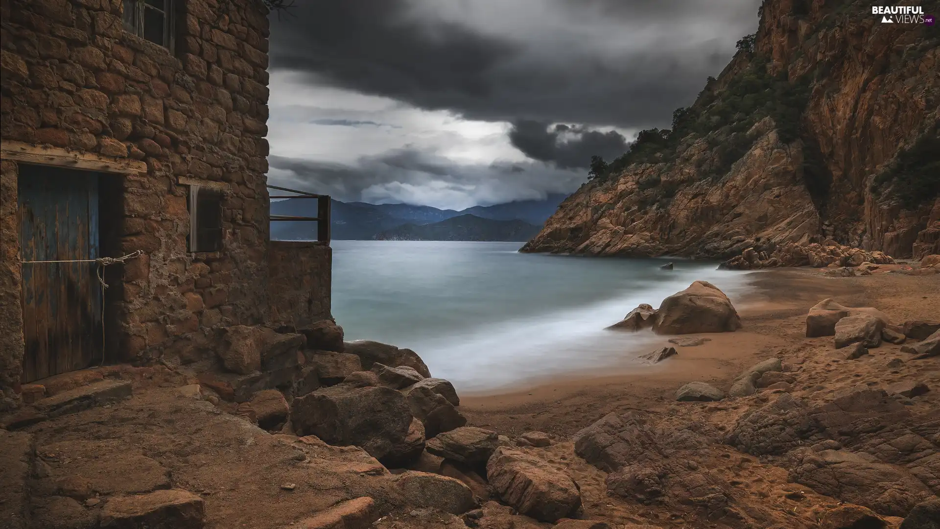 Stones, Coast, house, rocks, Corsica, Old car, Mediterranean