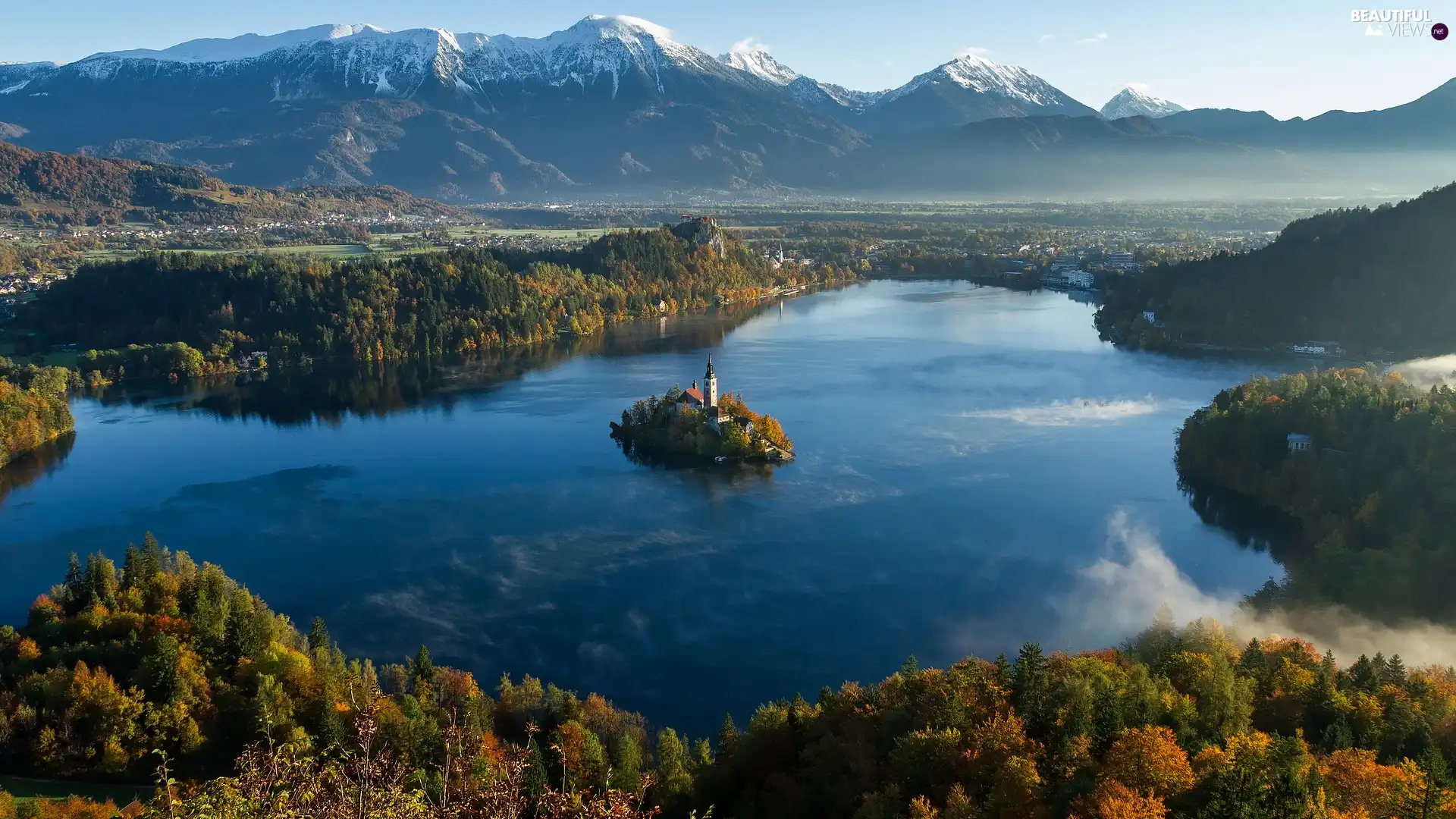 Julian Alps, Lake Bled, Slovenia, woods, viewes, Mountains, Blejski Otok Island, trees