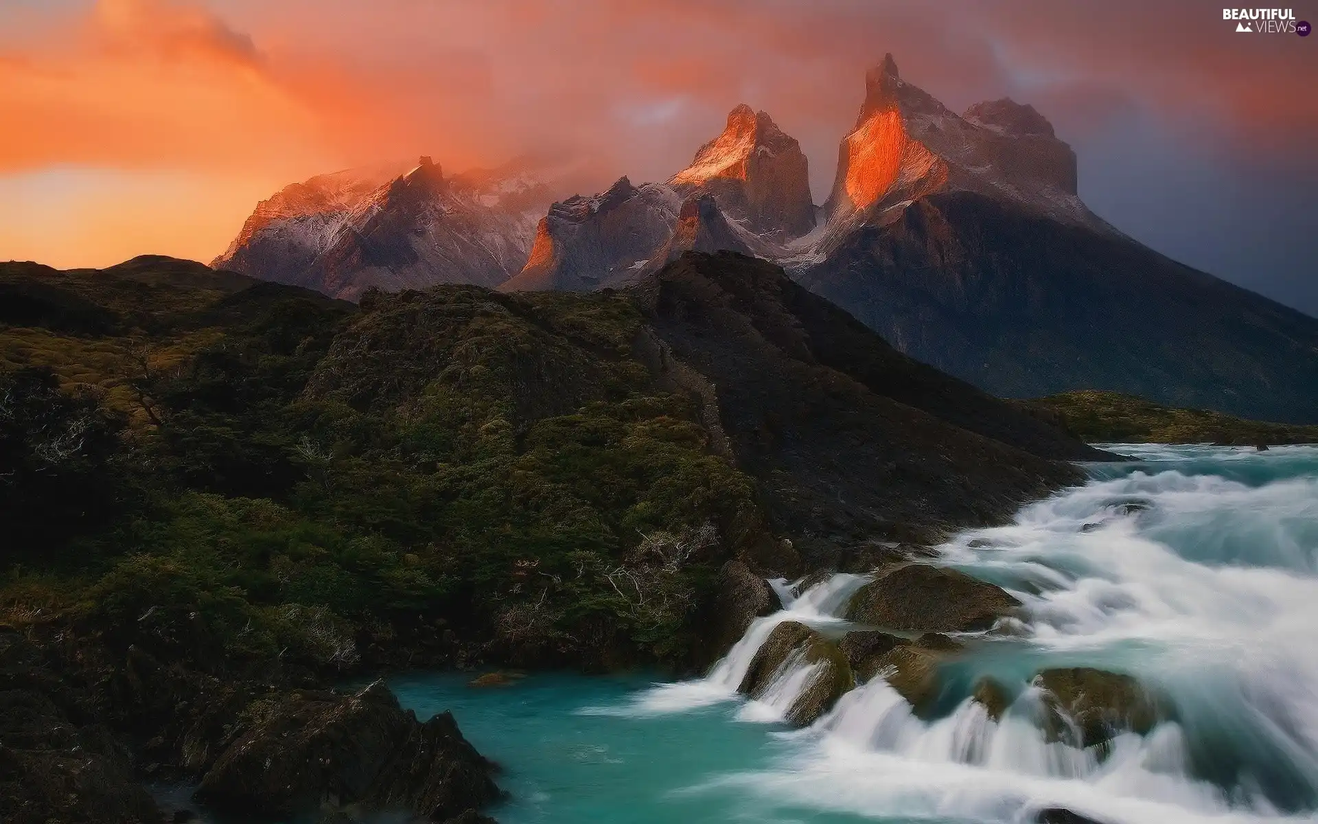 Great Sunsets, Andy, River, Mountains, Chile, waterfall, Torres del ...