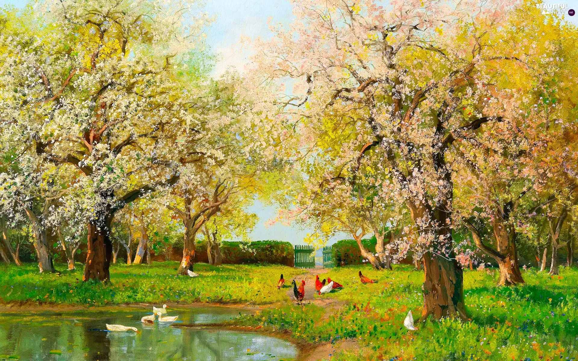 viewes, trees, Fance, country, Spring, hens, Pond - car, painting, ducks, Meadow, Alois Arnegger, picture