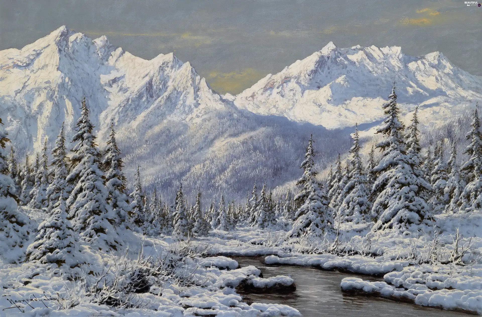 painting, Laszlo Neogrady, picture, winter, viewes, Spruces, River, trees, Mountains