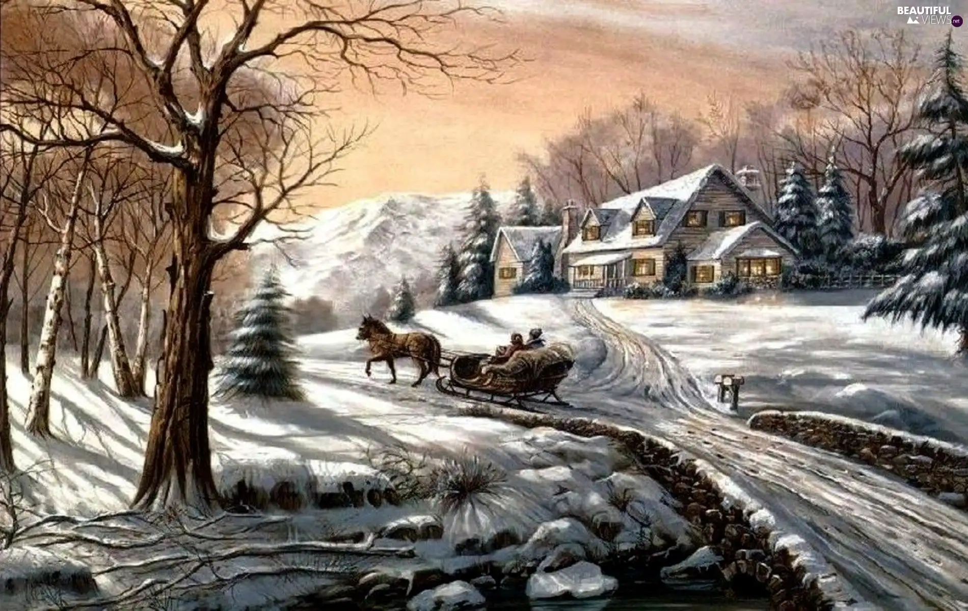 winter, winter, painting, view