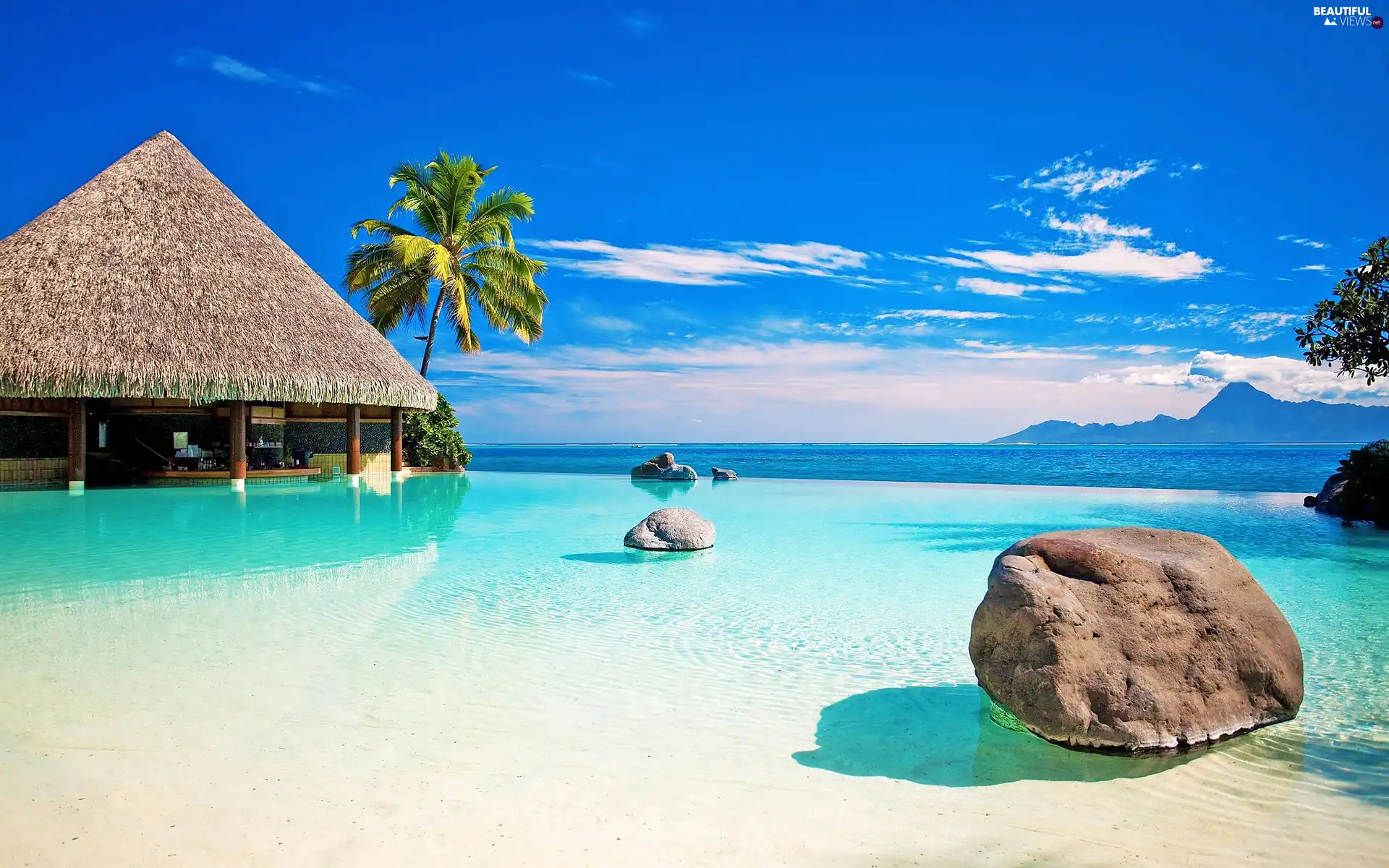 Cottage, Stones, Palm, sea