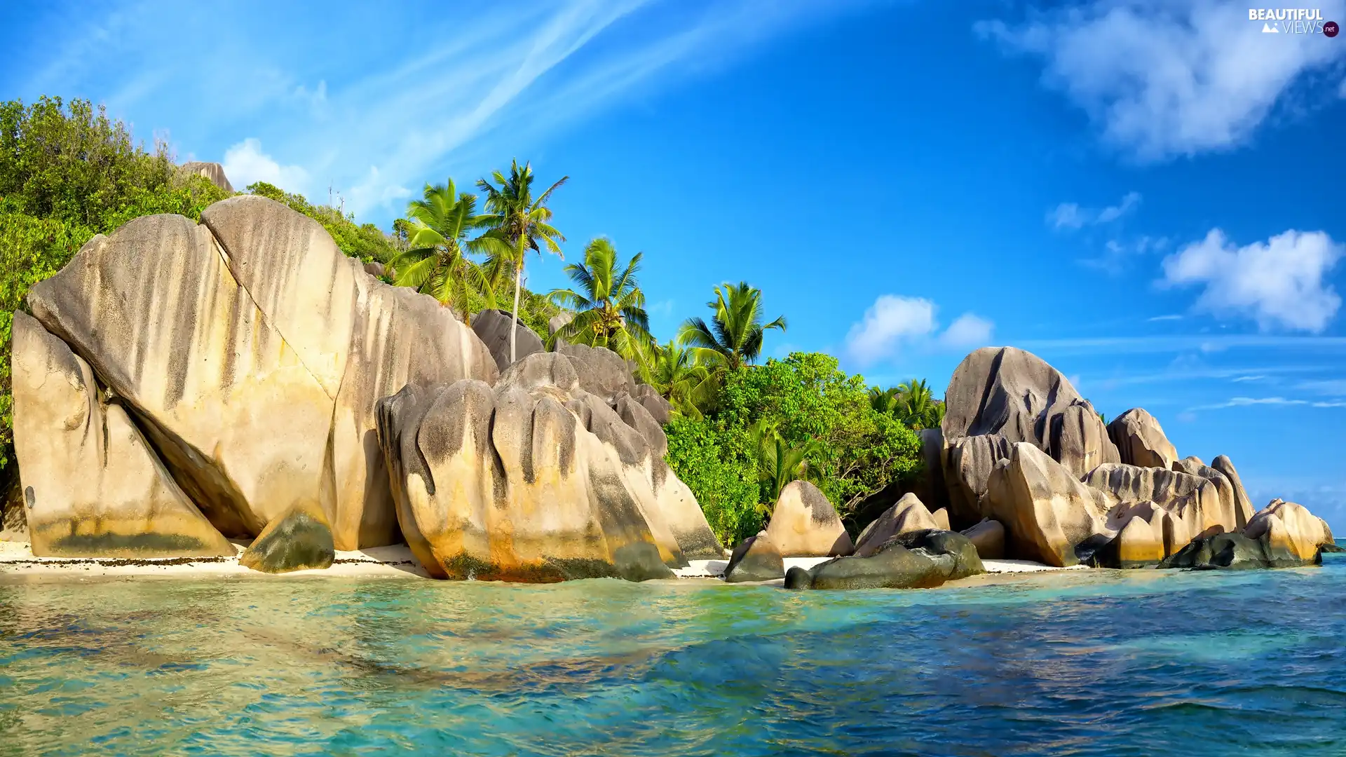 Anse Source d Argent Beach, sea, VEGETATION, rocks, Palms, La Digue Island, Seychelles, boulders