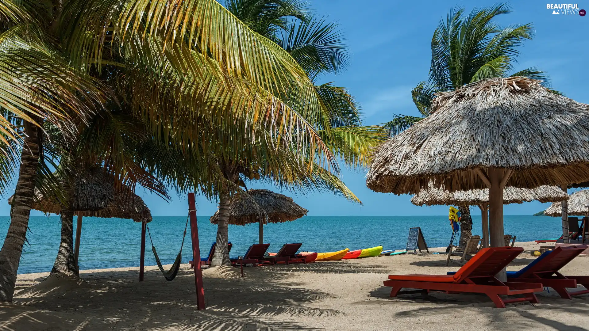 deck chair, sea, Palms, Sunshade, Beaches