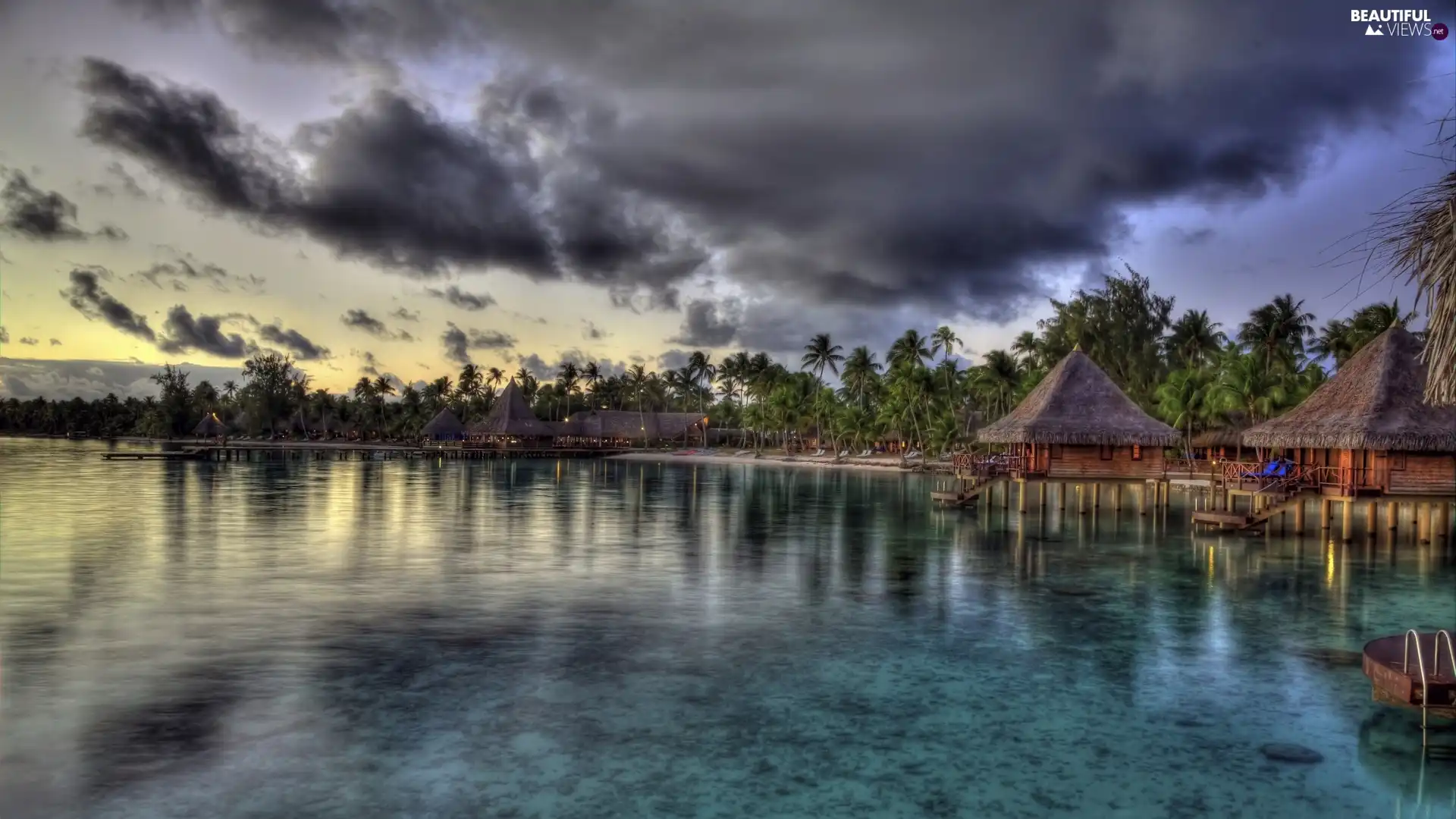 clouds, Houses, Palms, sea