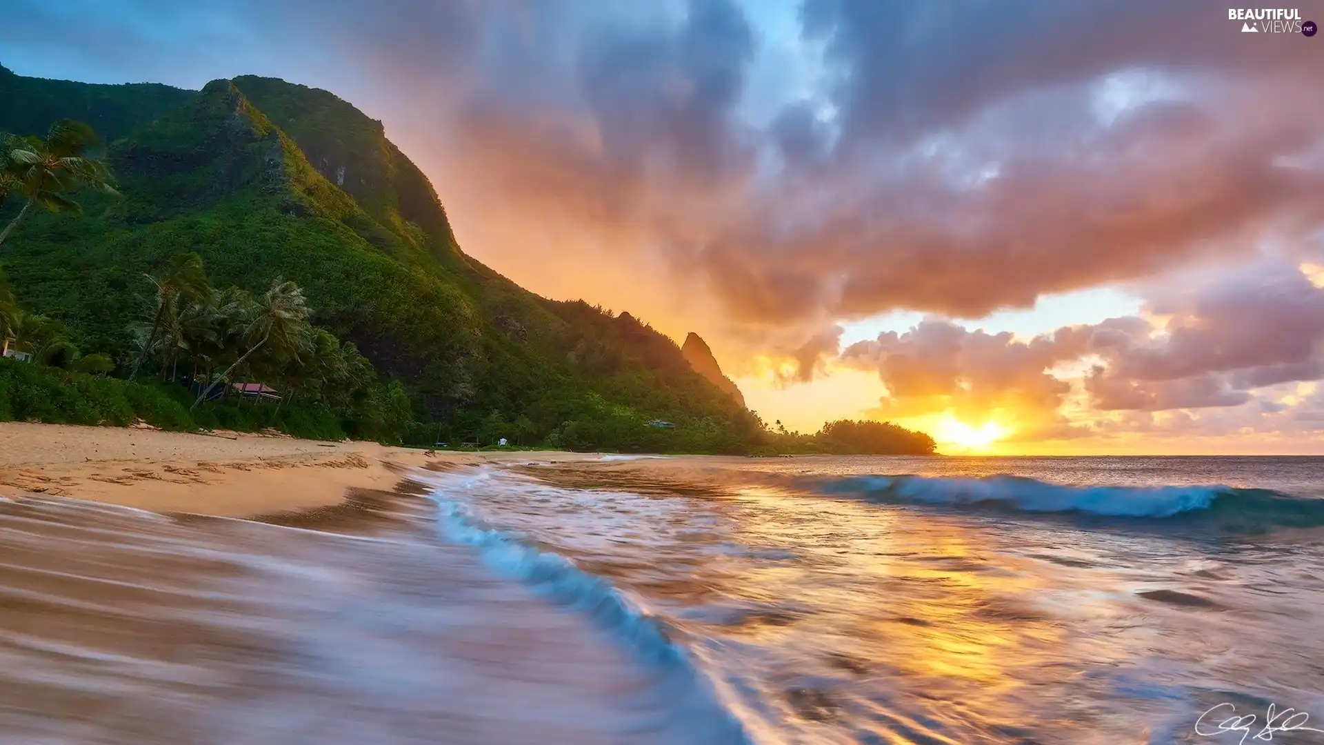 Palms, sea, Sunrise, Beaches, Aloha State Hawaje, The Hills, clouds