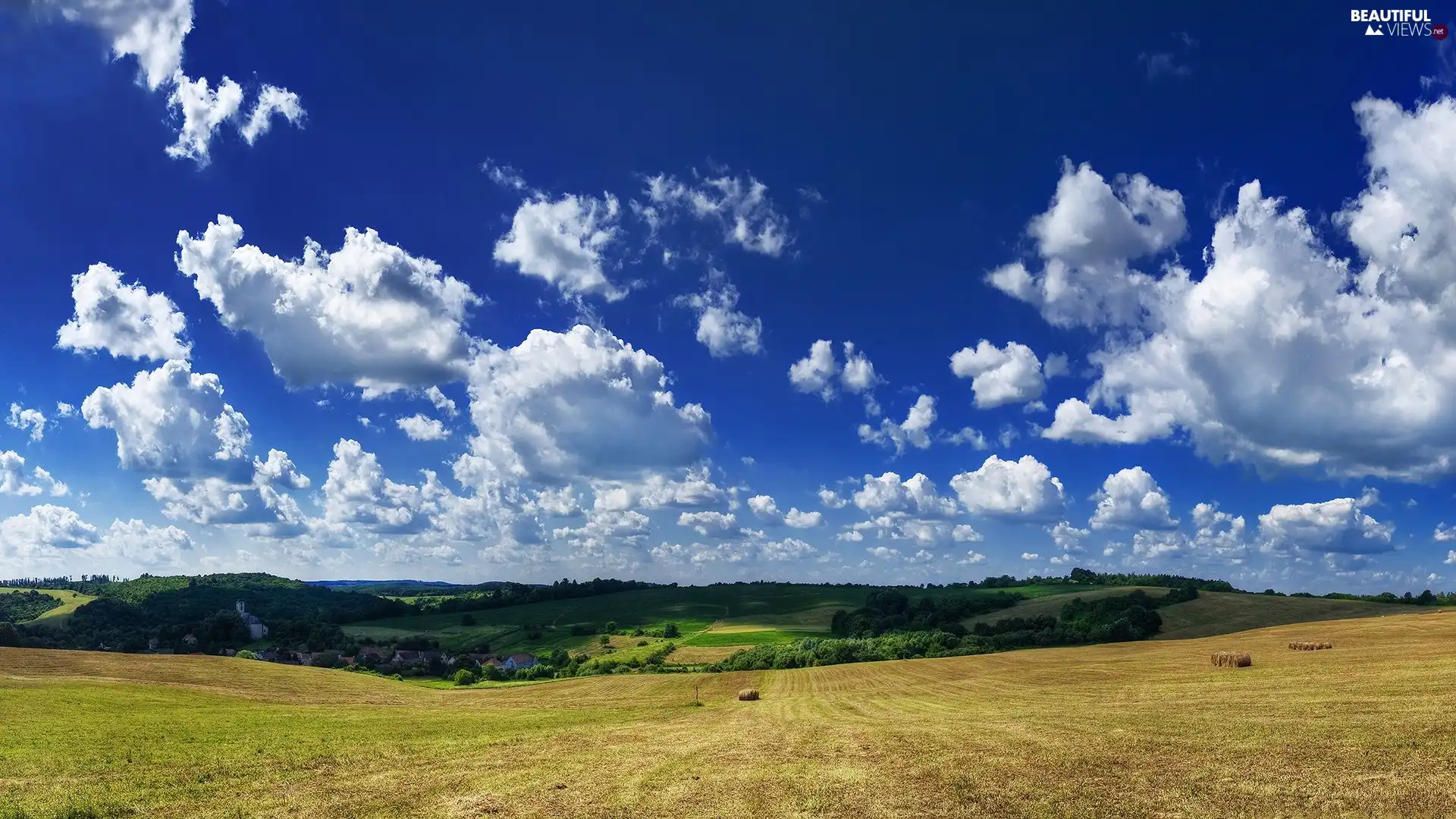 Farms, clouds, panorama, field