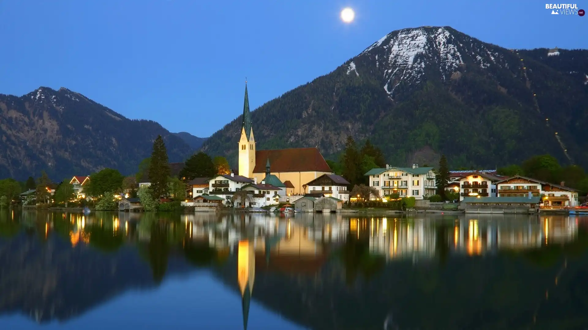 panorama, town, Mountains, lake, Bavaria